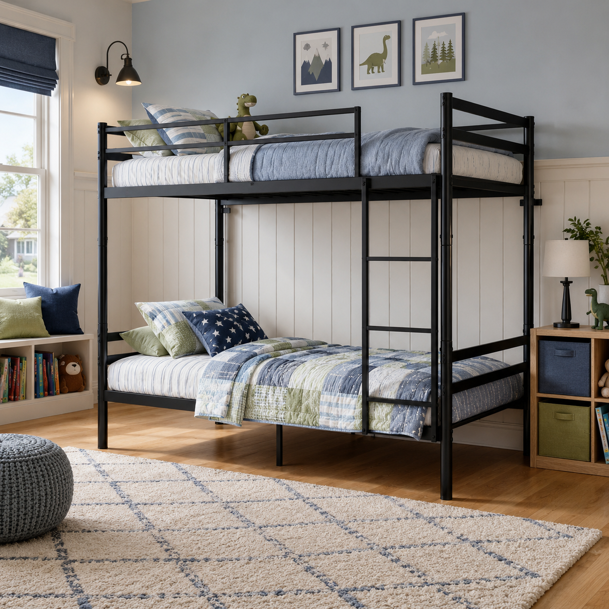 Zorven black bunk bed showing a twin over twin setup with blue bedding in a modern bedroom