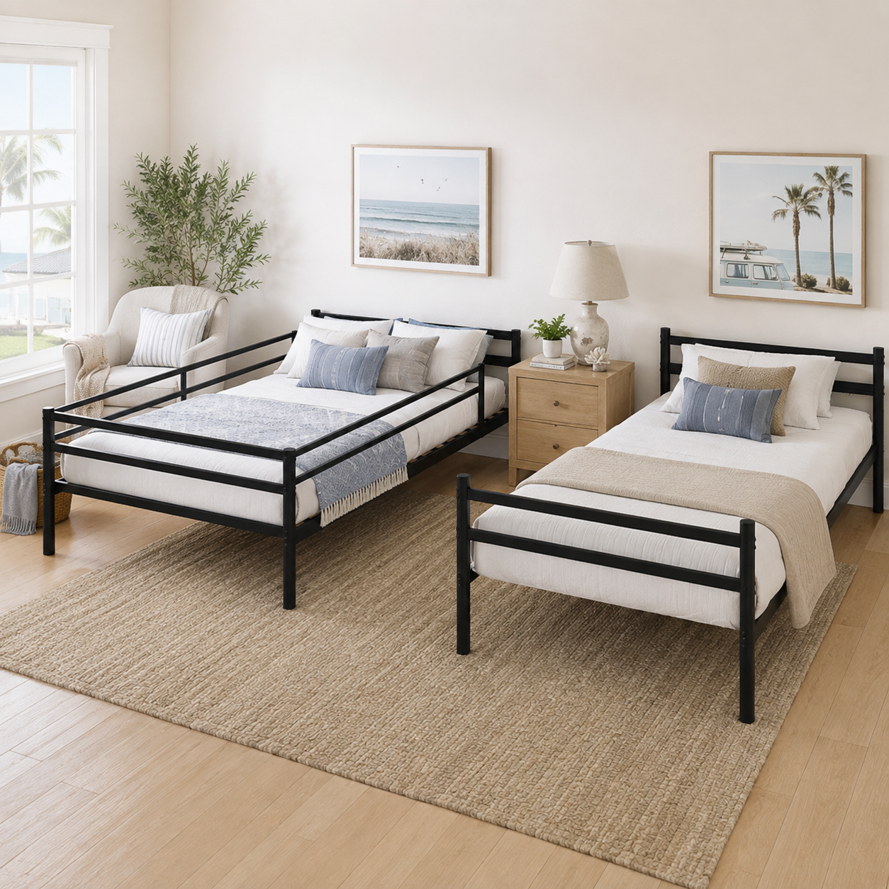 Zorven black bunk bed showing two separate twin beds after conversion in a bright bedroom