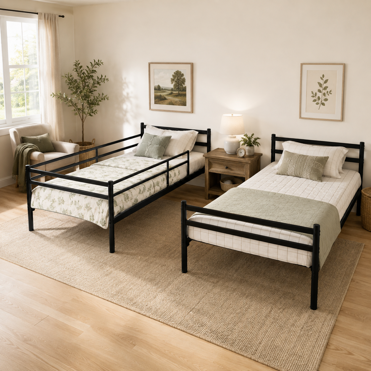 Zorven black bunk bed showing two converted twin beds arranged separately in a neutral bedroom