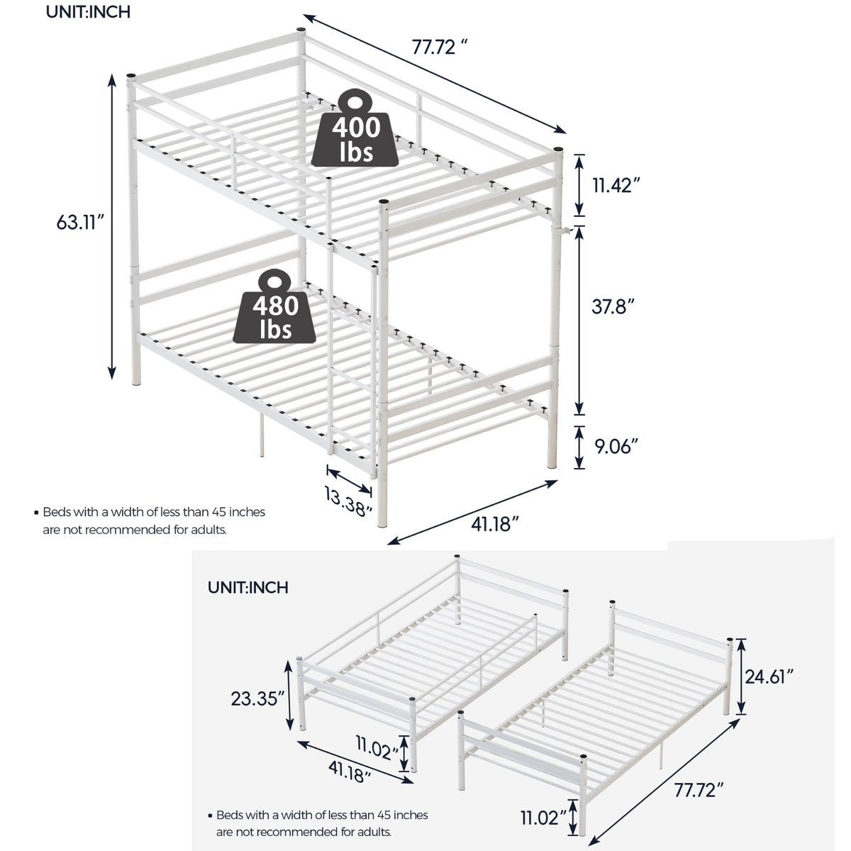 Zorven white bunk bed showing dimensions