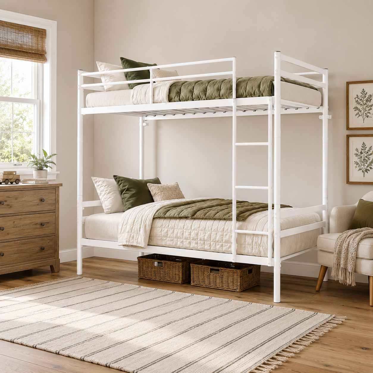 Zorven white bunk bed showing a twin over twin setup with guardrails in a bright neutral bedroom