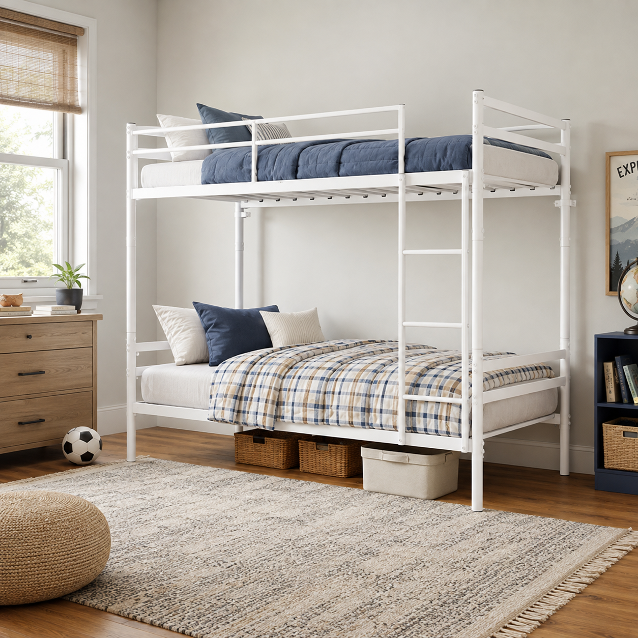 Zorven white bunk bed showing a twin over twin configuration with storage baskets beneath the lower bed