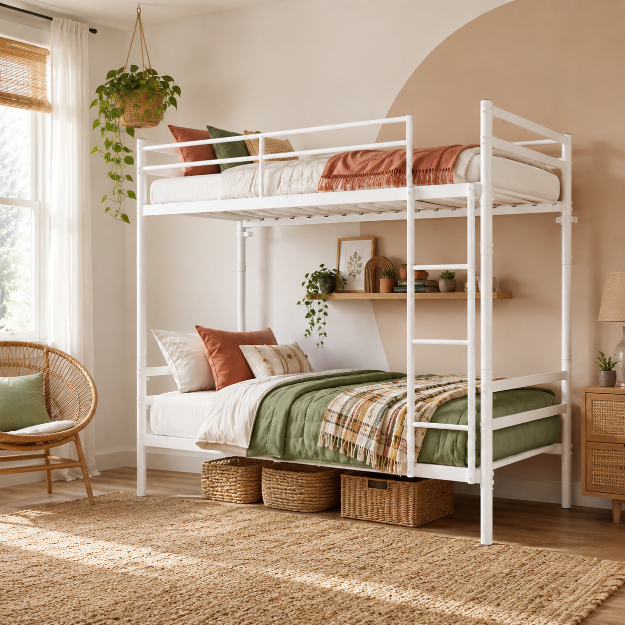 Zorven white bunk bed showing a twin over twin setup with colorful bedding in a bright bedroom