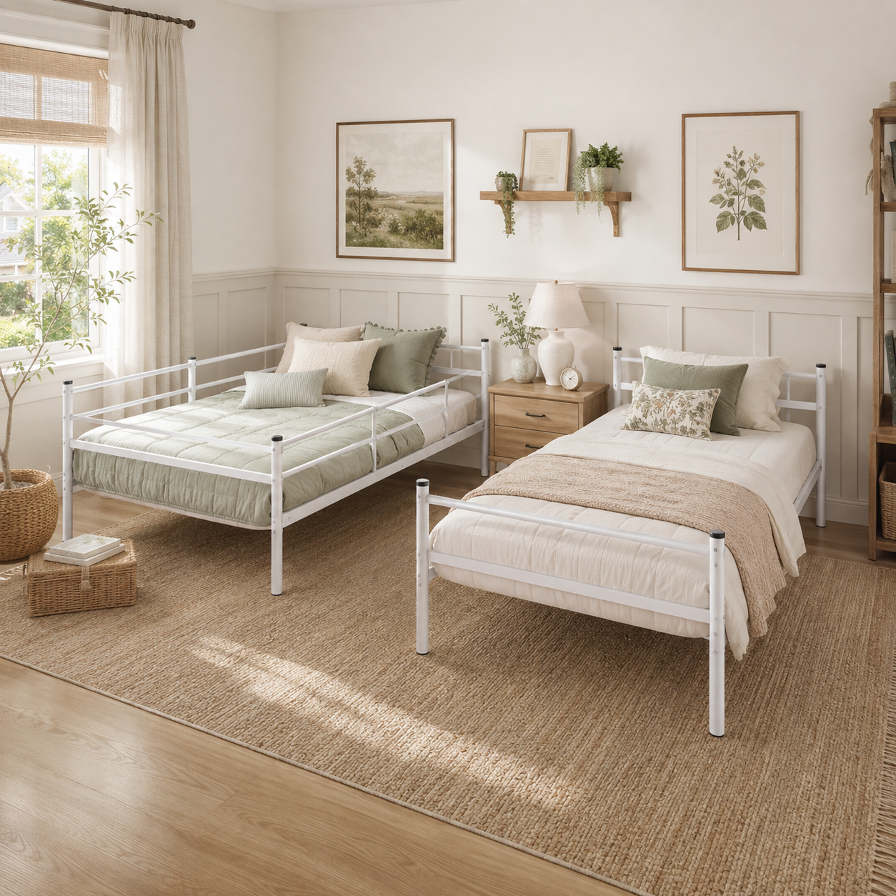 Zorven white bunk bed showing two separate twin beds after conversion in a warm neutral bedroom
