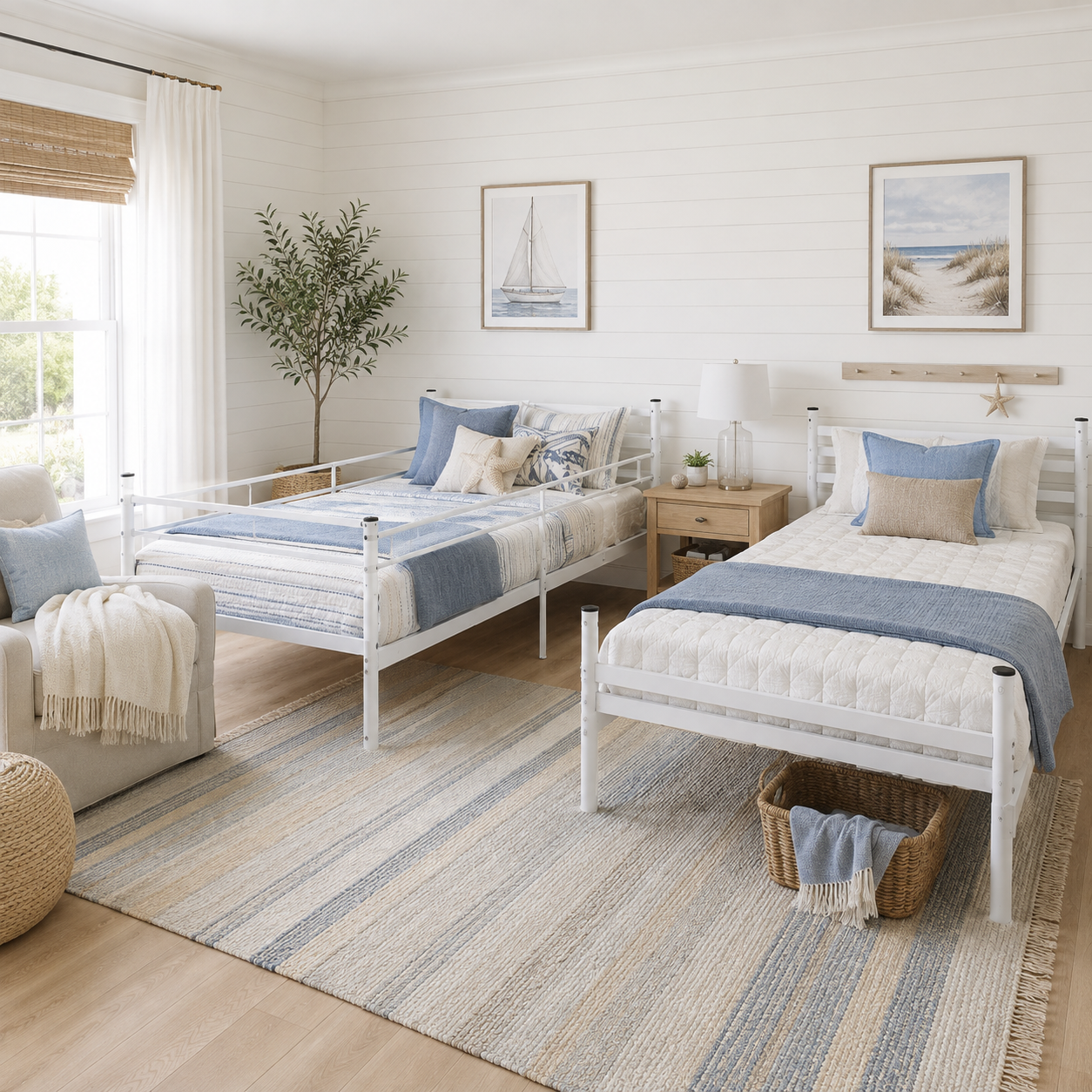 Zorven white bunk bed showing two converted twin beds arranged separately in a bright bedroom