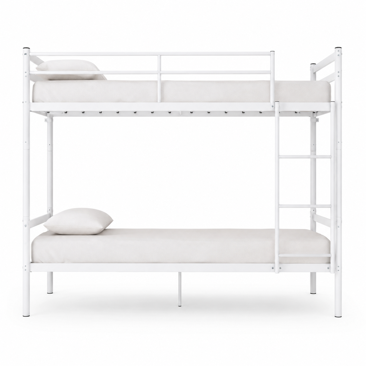 Zorven white bunk bed showing the front view with full-length guardrails on white background