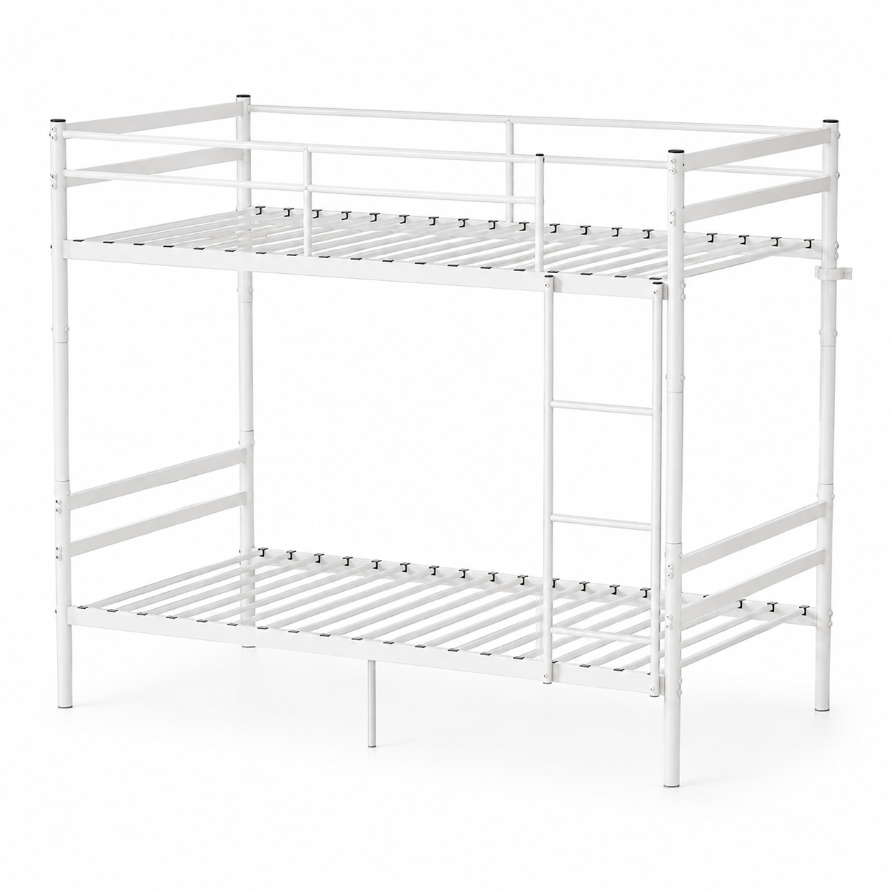 Zorven white bunk bed showing an angled front view with two sleeping platforms on white background