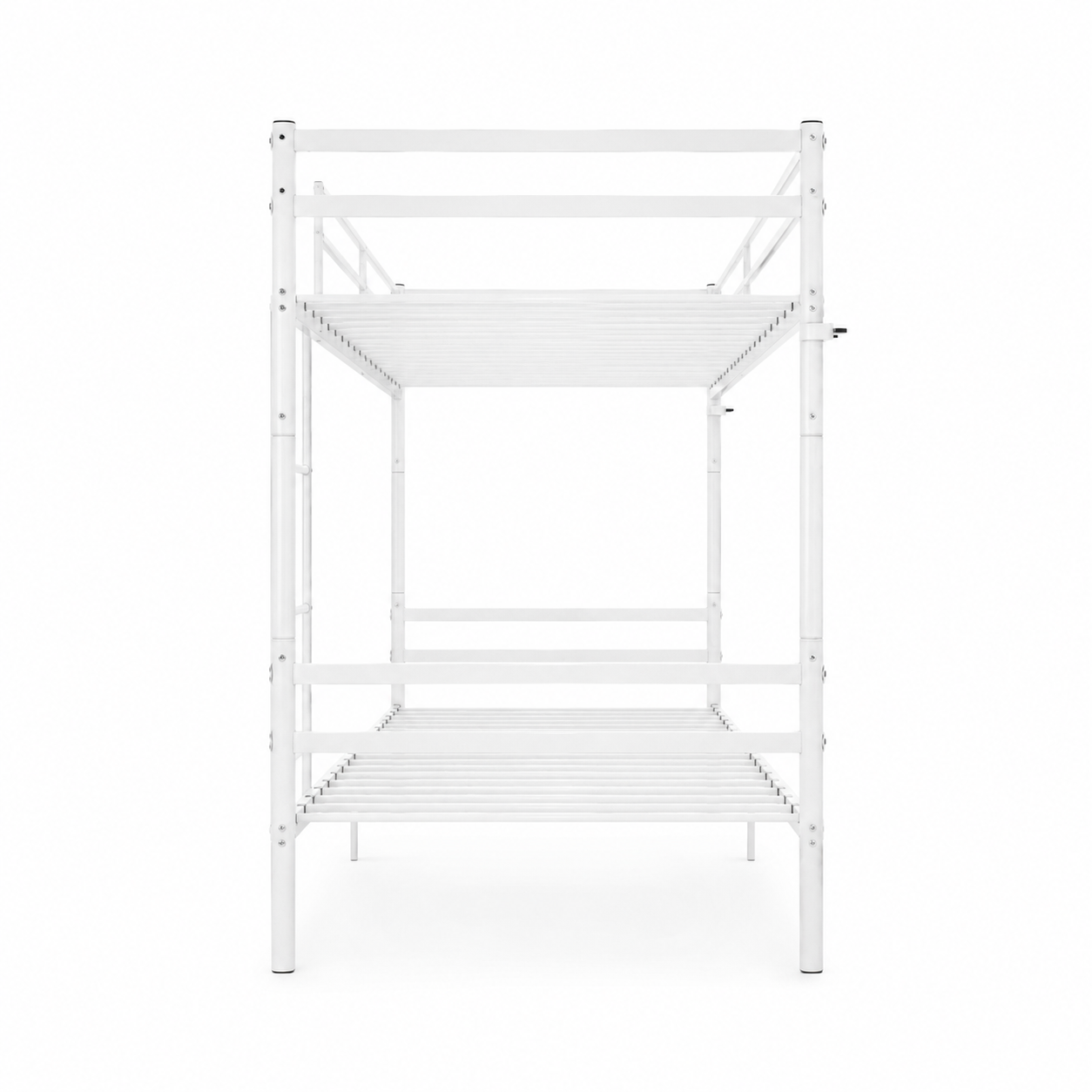 Zorven white bunk bed showing a side view with metal slats and guardrails on white background
