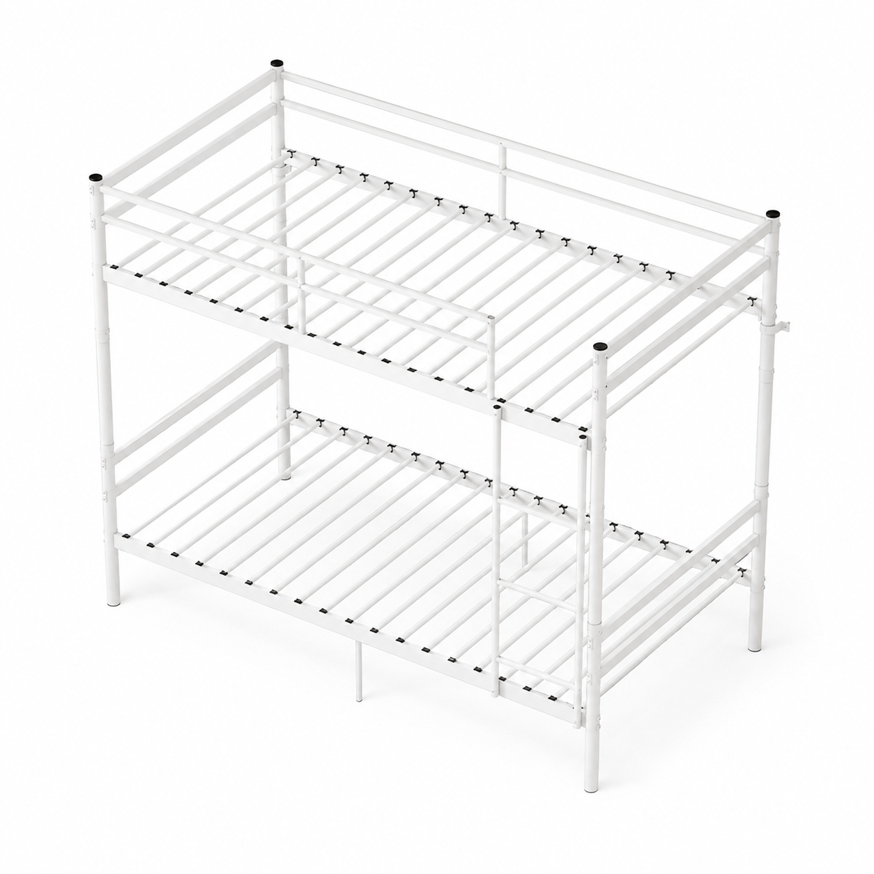 Zorven white bunk bed showing a side angled view with metal slats and guardrails on white background