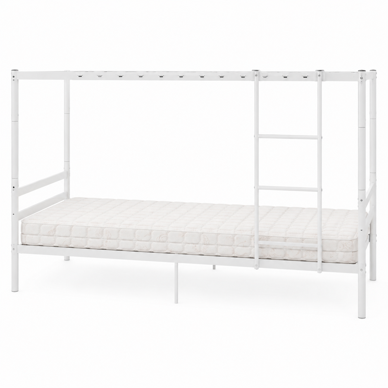 Zorven white bunk bed showing one converted twin bed from the side on white background