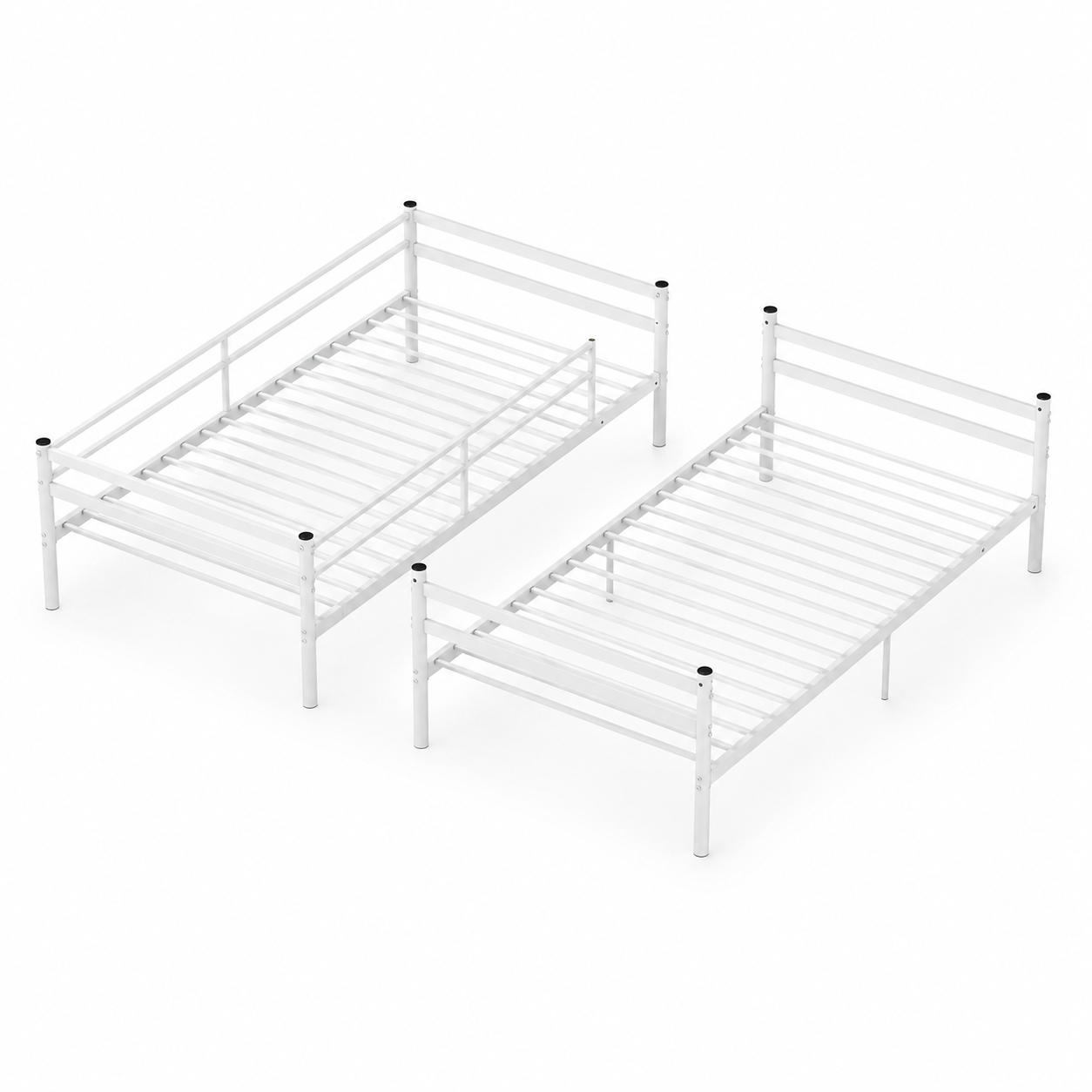 Zorven white bunk bed showing two separate twin bed frames after conversion on white background