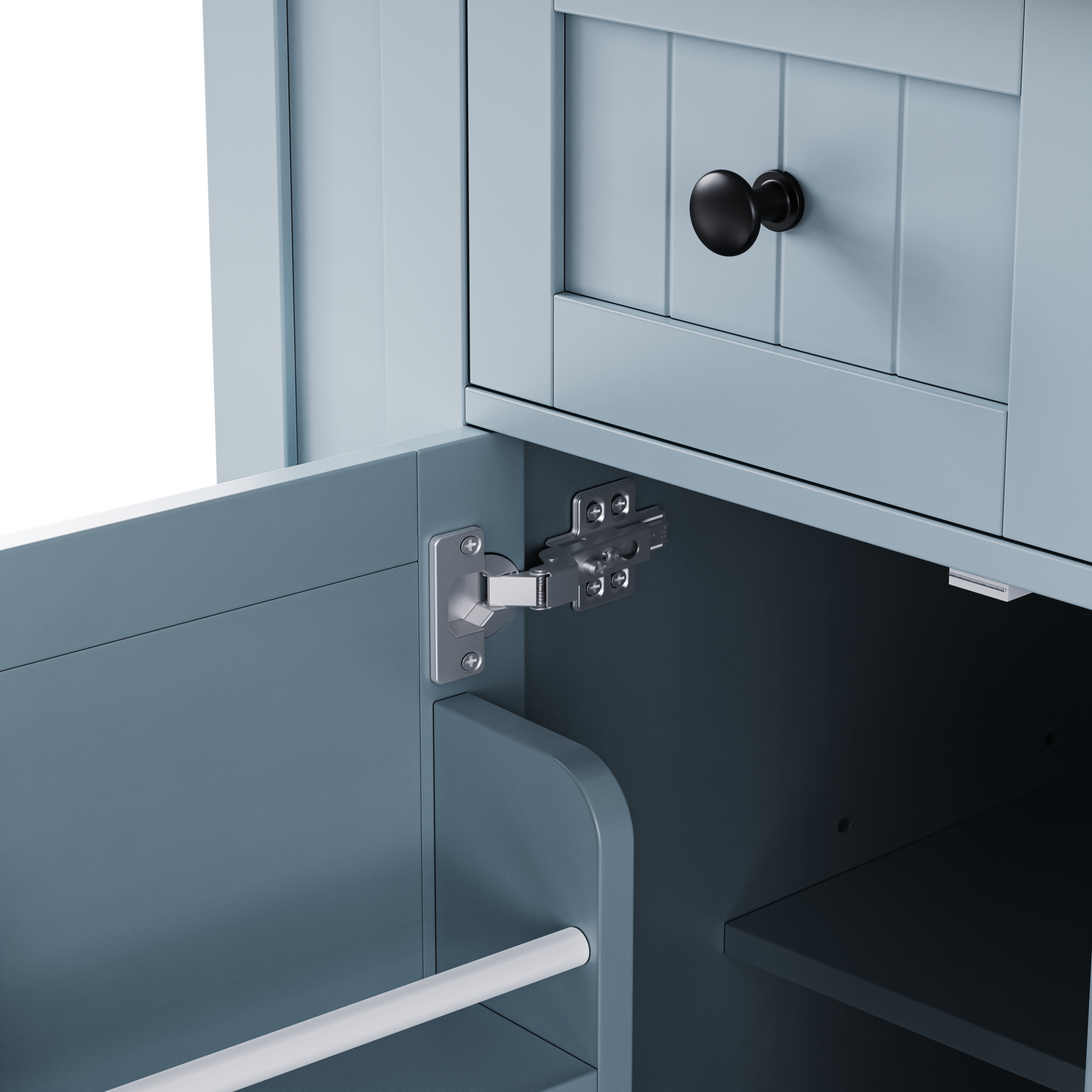 Close - up detail of Maui gray blue rolling kitchen island featuring soft - close cabinet hinge, farmhouse drawer front and interior storage compartment