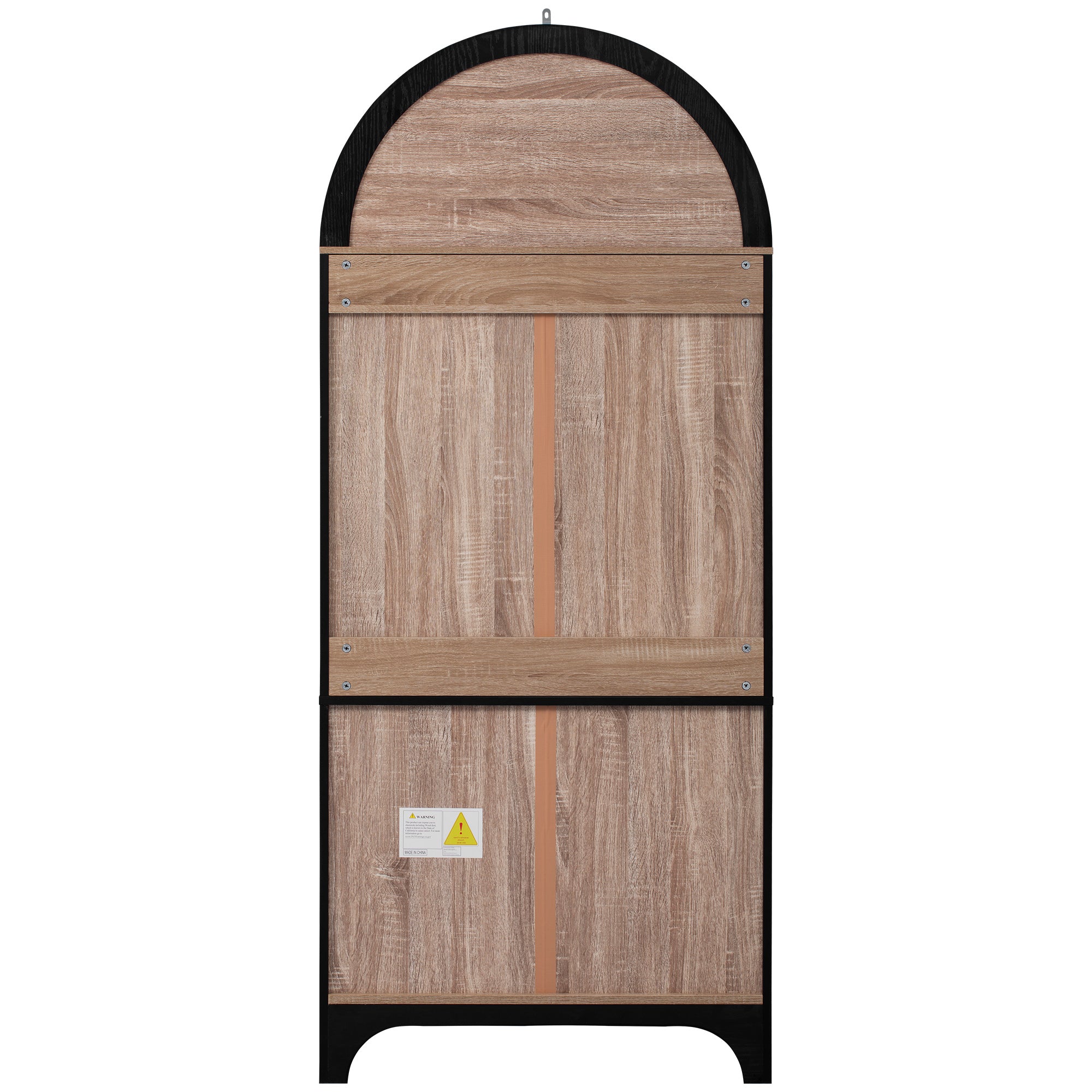 Savoy 71 inch black arched pantry cabinet rear view with sturdy wood back panel and farmhouse storage cabinet construction