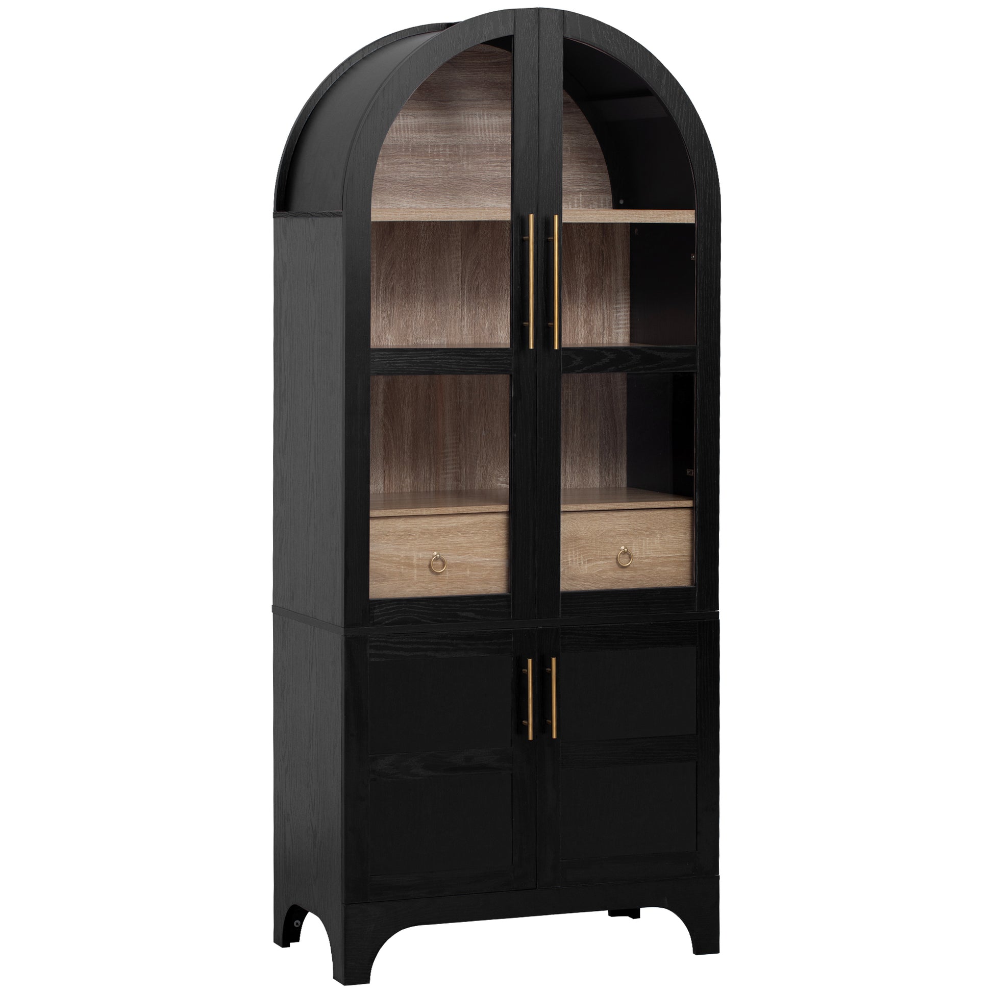 Savoy 71 inch black arched pantry cabinet with glass doors lower storage cabinets interior shelves and farmhouse style design