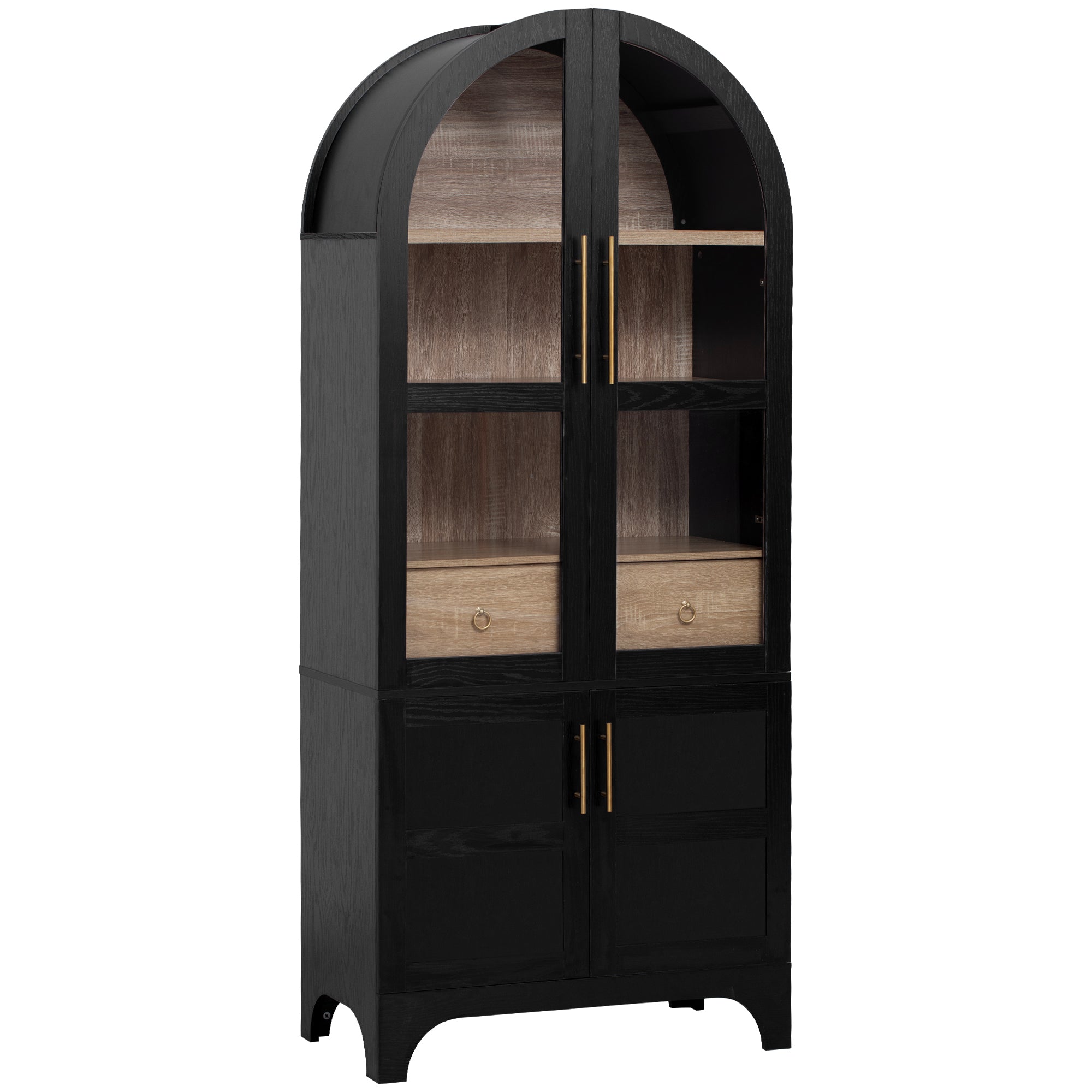 Savoy 71 inch black arched pantry cabinet with glass doors lower storage cabinets interior shelves and farmhouse style design