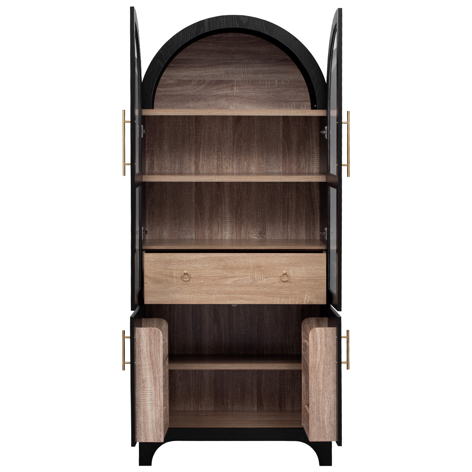 Savoy 71 inch black arched pantry cabinet with open glass doors adjustable shelves center drawer and lower storage compartments for kitchen organization