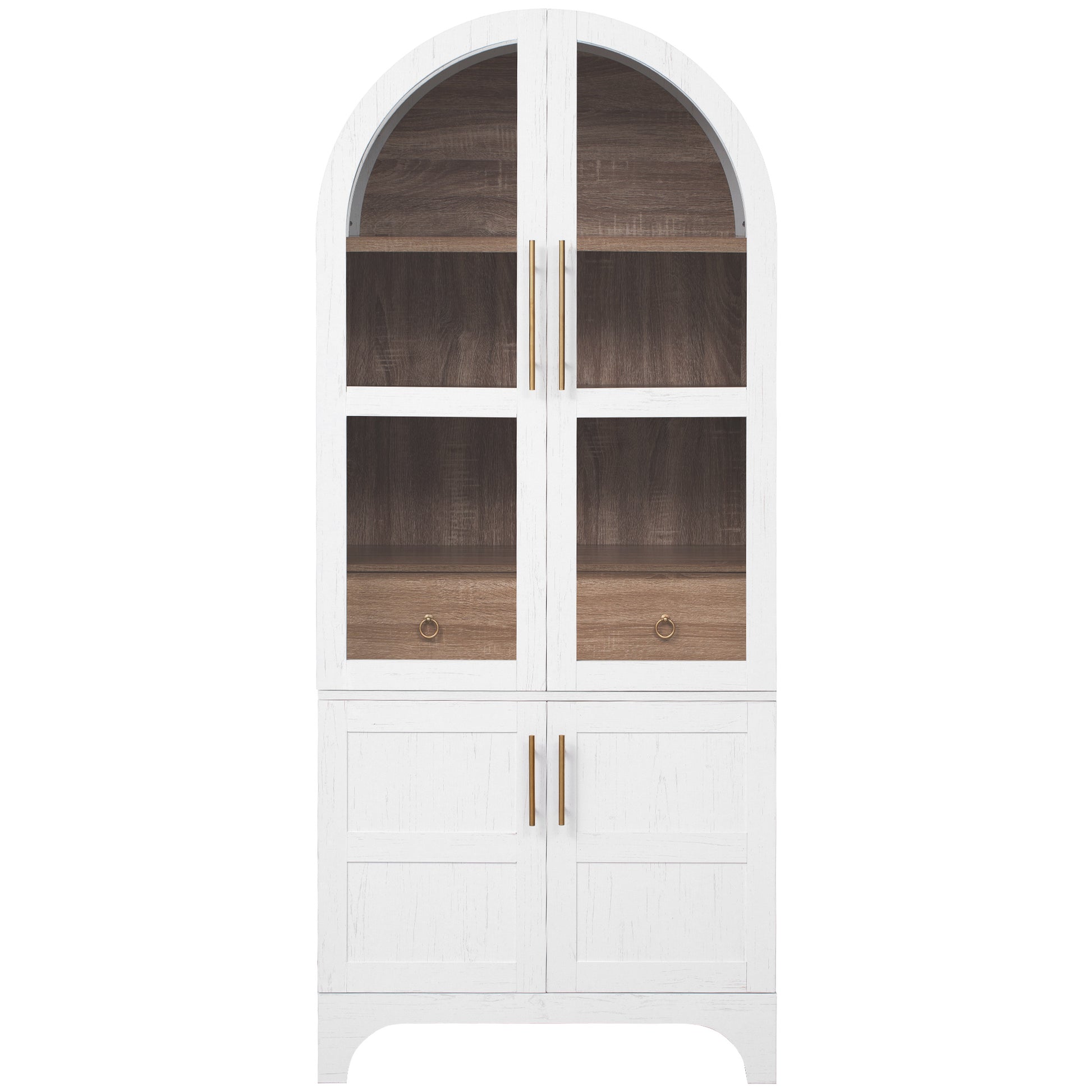 Savoy 71 inch white arched kitchen pantry cabinet with glass display doors lower storage cabinets and farmhouse style finish