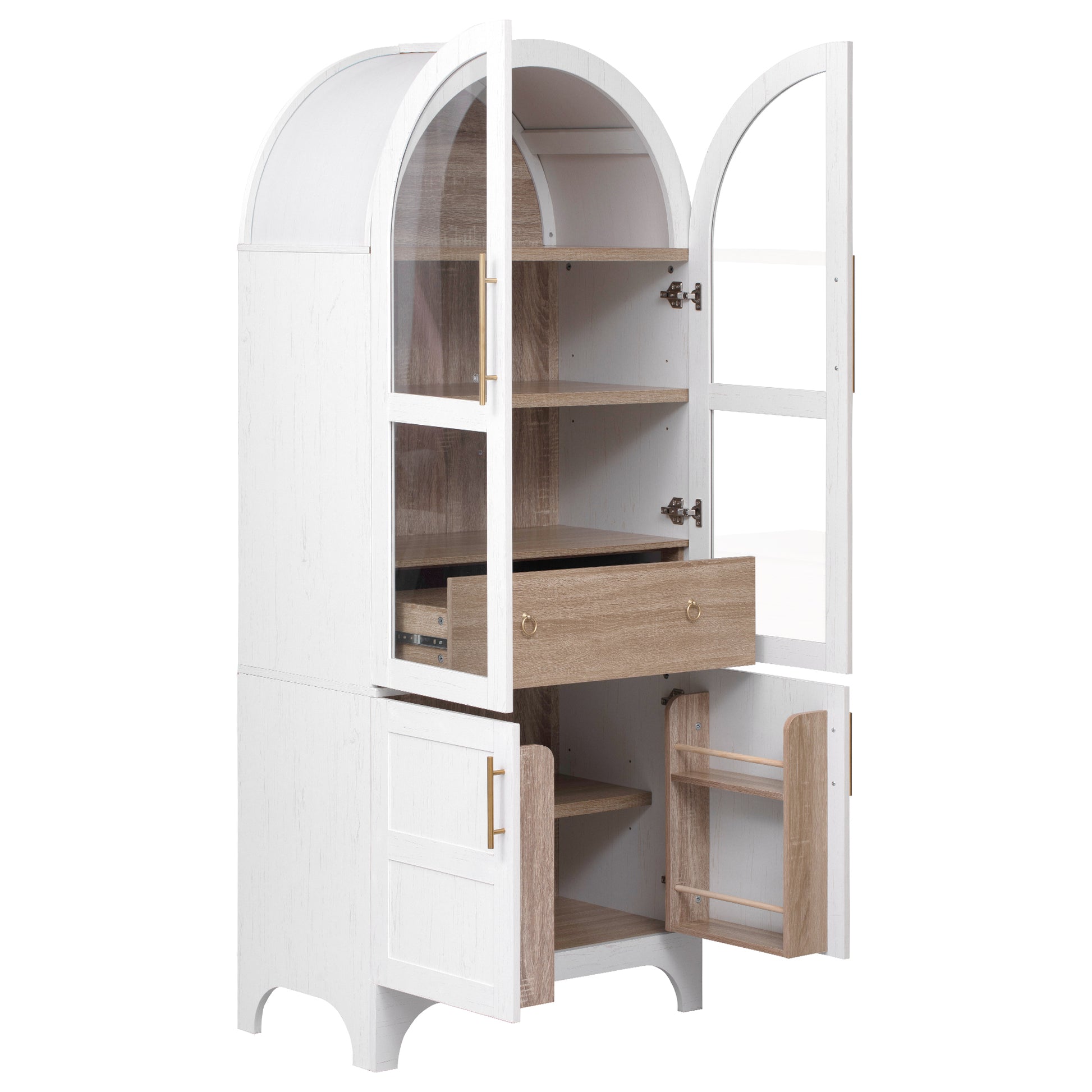 Savoy 71 inch white arched pantry cabinet with open glass doors pull out drawer adjustable shelves and lower cabinet storage compartments