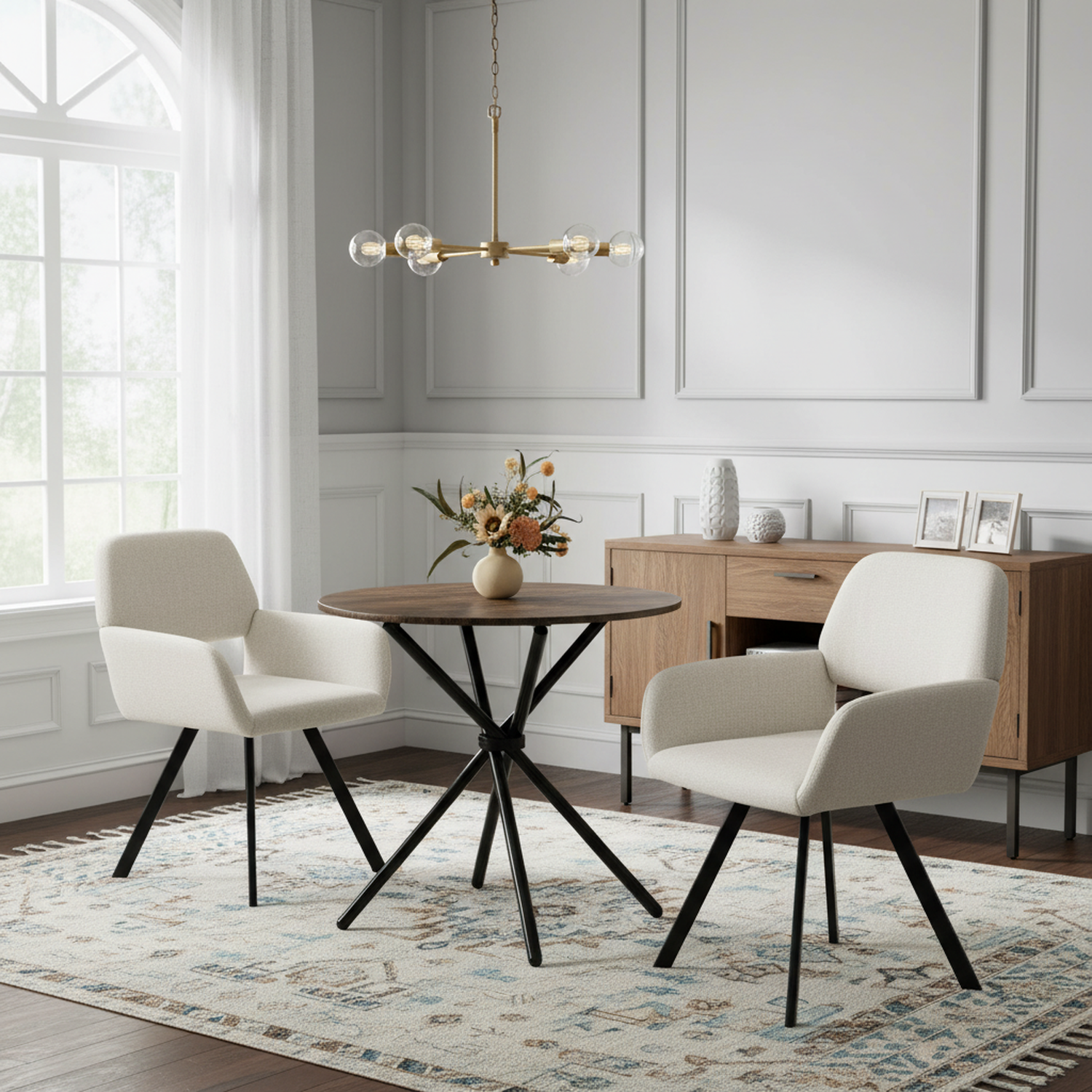 Homy Casa Fontana 3 Piece Dining Table Set with 2 California Swivel Upholstered Chairs, Beige