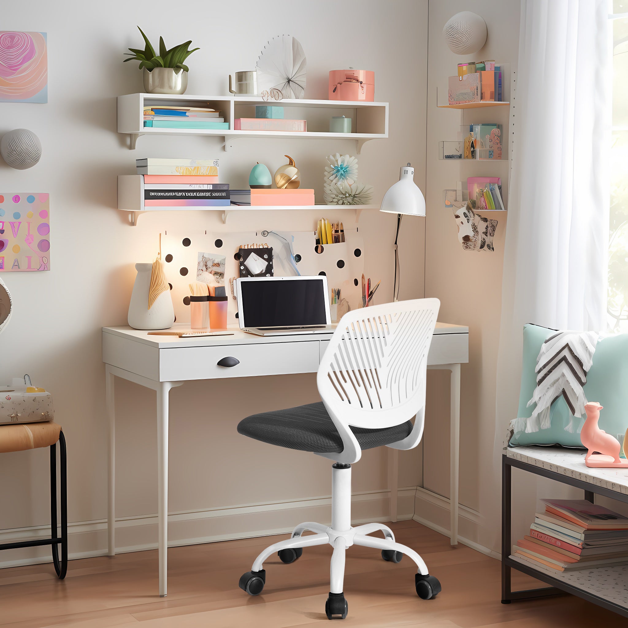 Homy Casa Carnation Adjustable Fabric Task Chair with PU Casters, Grey, Open Box