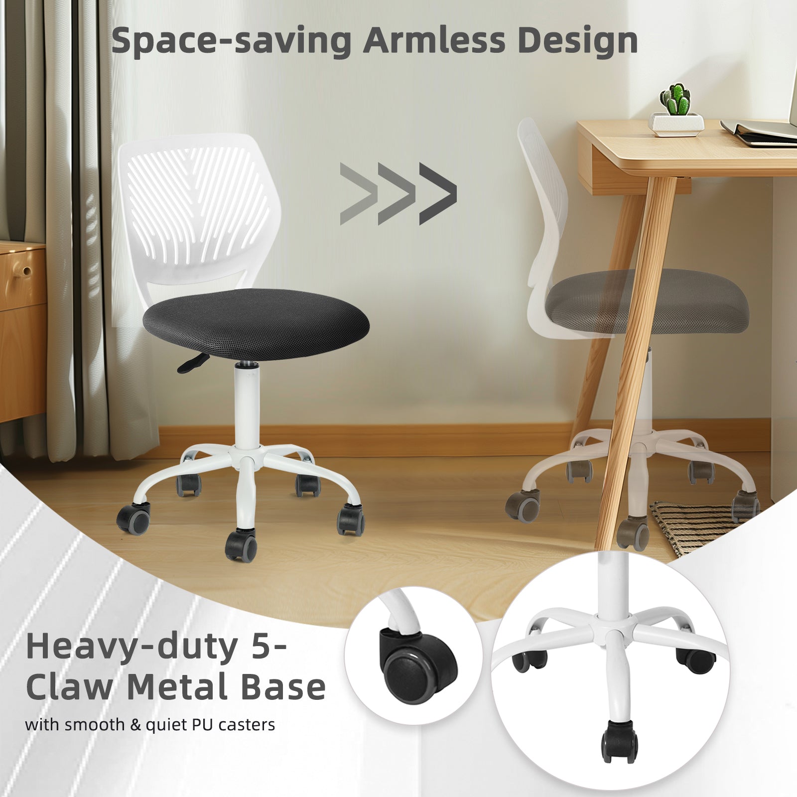 Homy Casa Carnation Adjustable Fabric Task Chair with PU Casters, Grey, Open Box