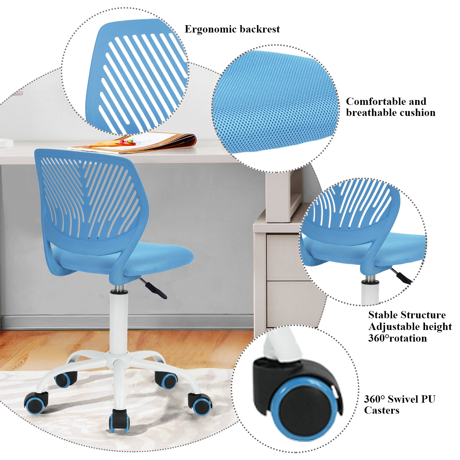 Homy Casa Carnation PP Backrest Office Chair - Stylish & Durable Design, blue