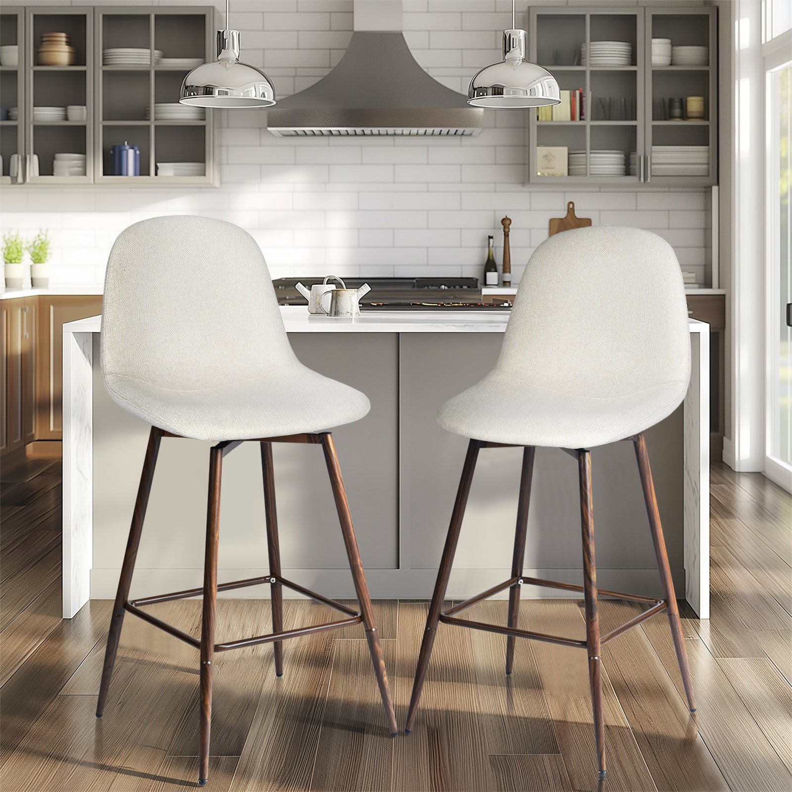 Homy Casa Charlton 2PC 26" Counter Height Swivel Barstool, Beige Fabric, Walnut Metal Legs, Open Box