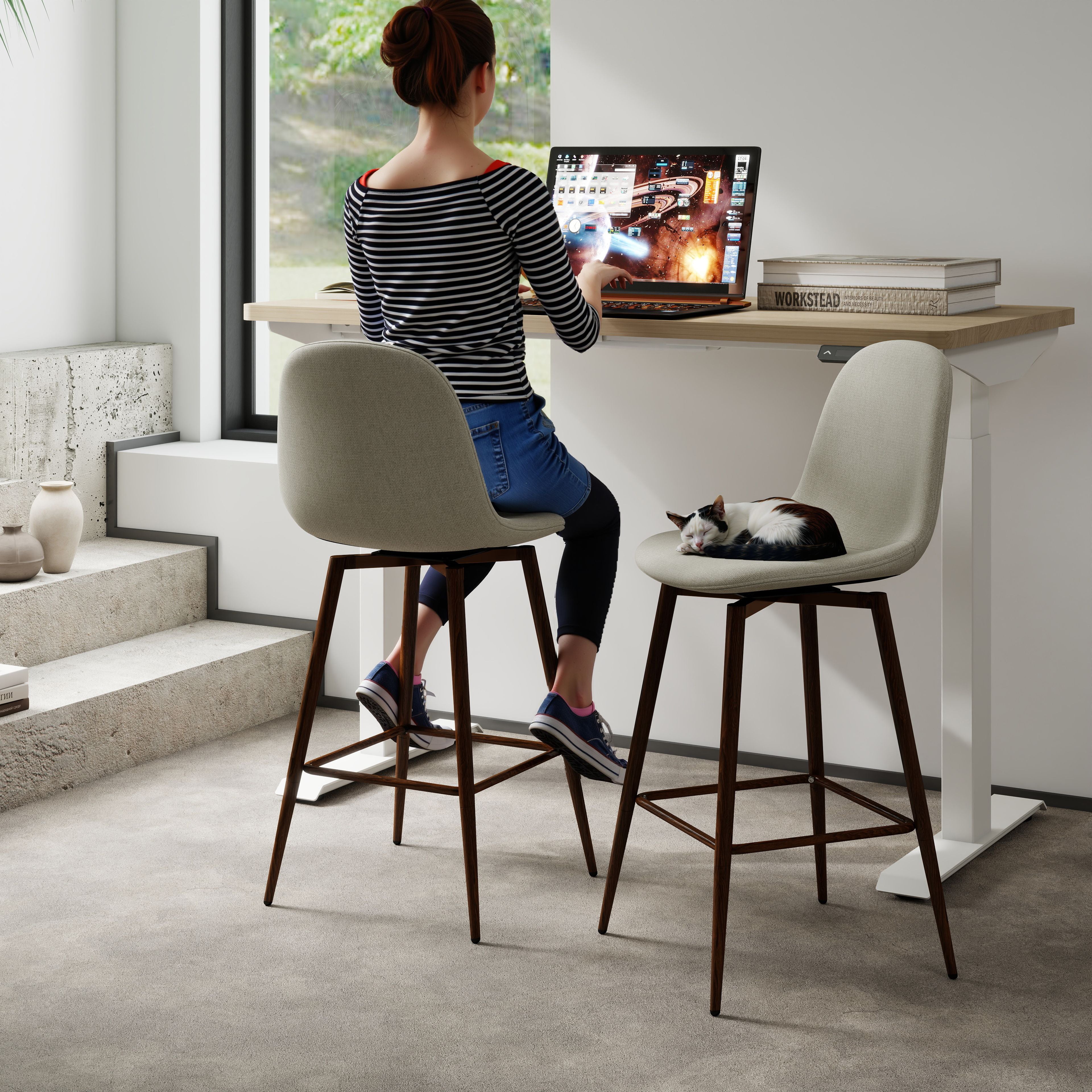 Homy Casa Charlton 2PC 26" Counter Height Swivel Barstool, Beige Fabric, Walnut Metal Legs, Open Box