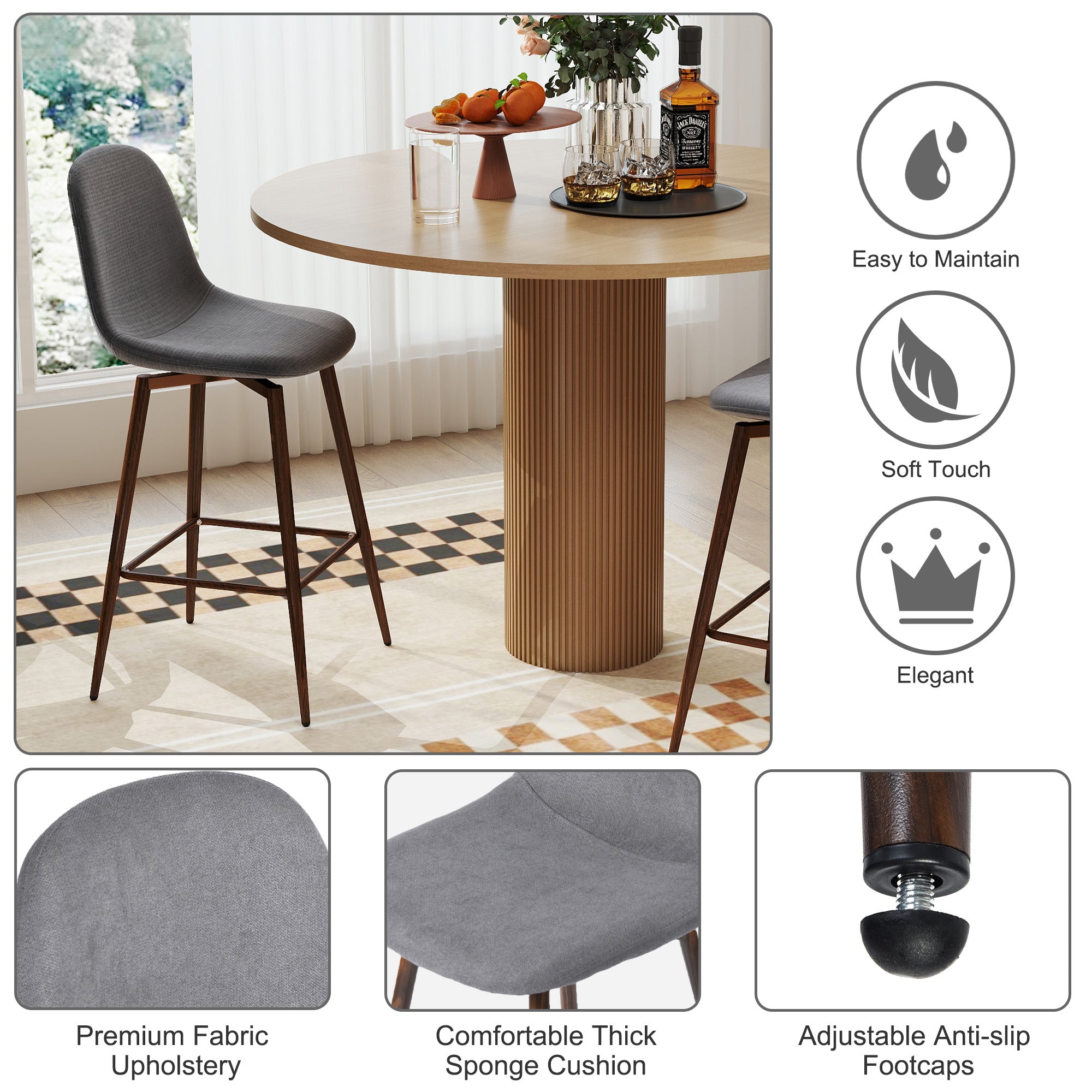 Homy Casa CHARLTON COUNTER 26" Dark Grey Swivel Barstool for Kitchen Island or Bar