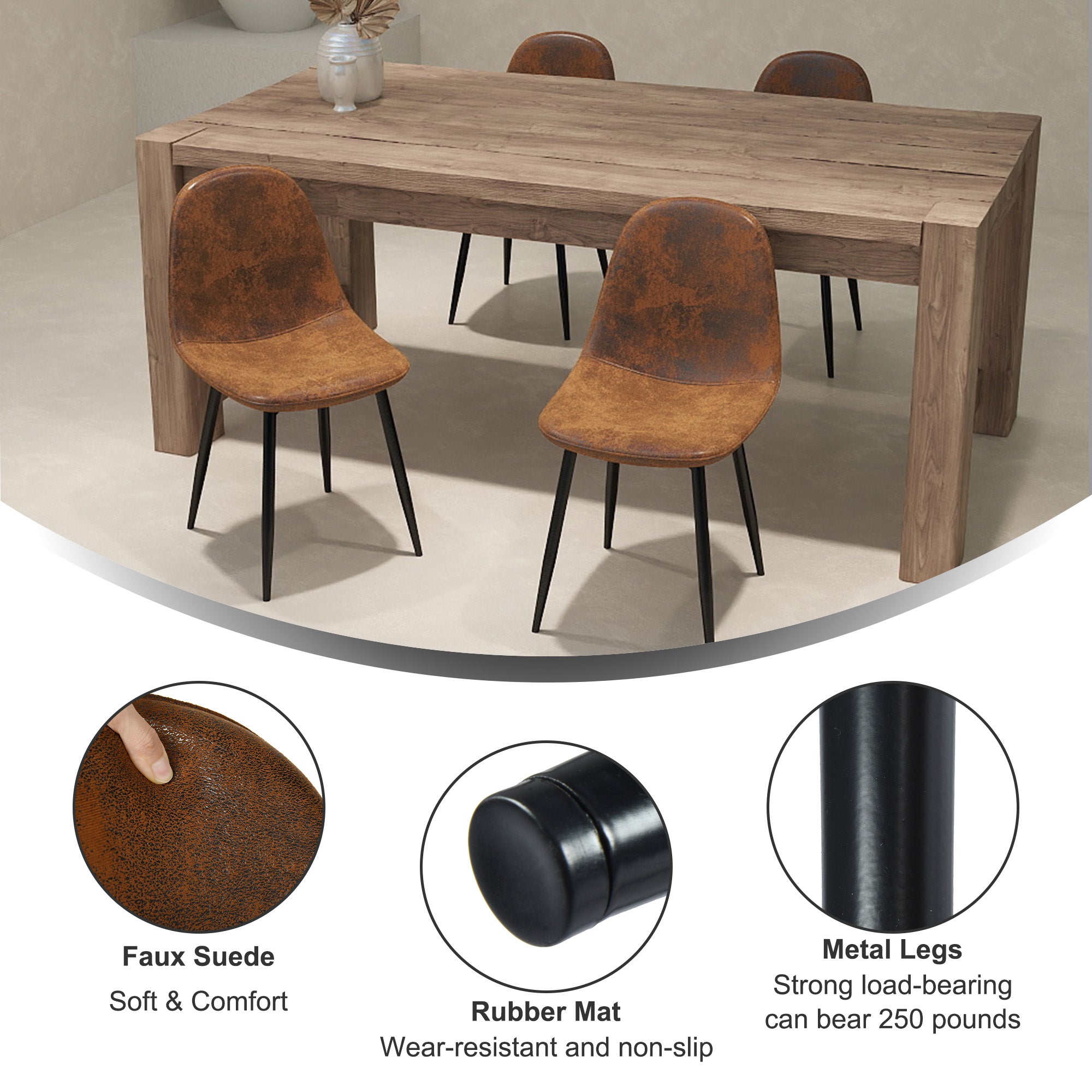 Homy Casa Rosa 5PC Dining Set 47” Rectangular Walnut Wooden Dining Table with 4 Charlton Suede Brown Dining Chair