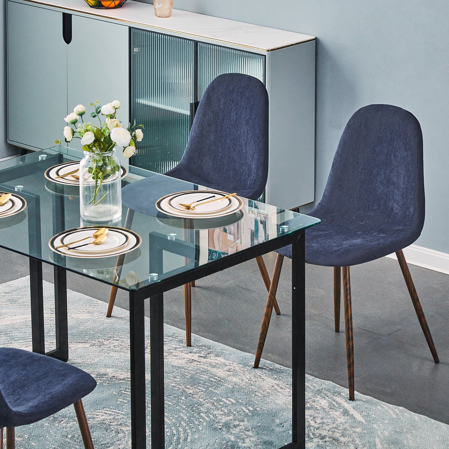 Homy Casa CHARLTON 4PC TERRY FABRIC BLUE Dining Chair Modern Seating for Home or Office Open Box