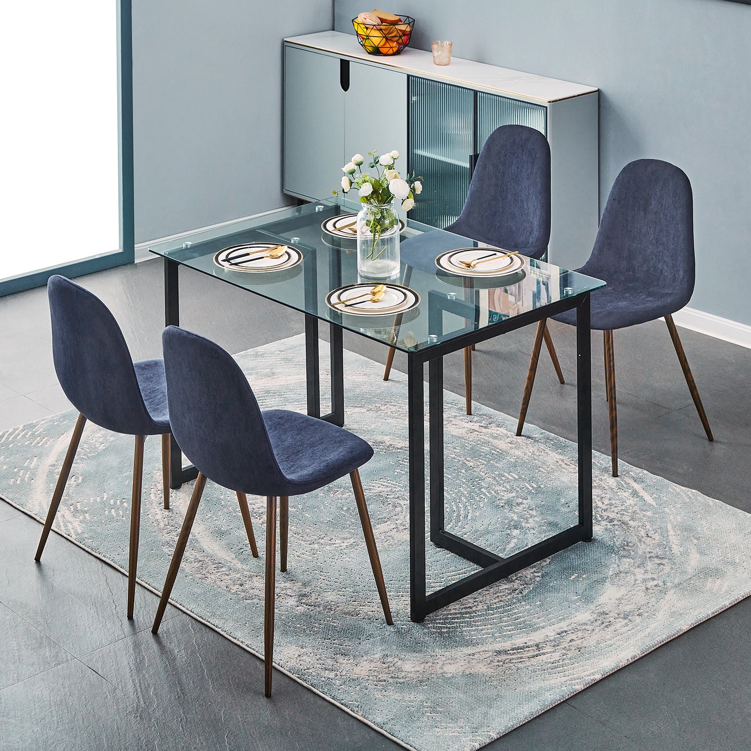 Homy Casa CHARLTON 4PC TERRY FABRIC BLUE Dining Chair Modern Seating for Home or Office Open Box