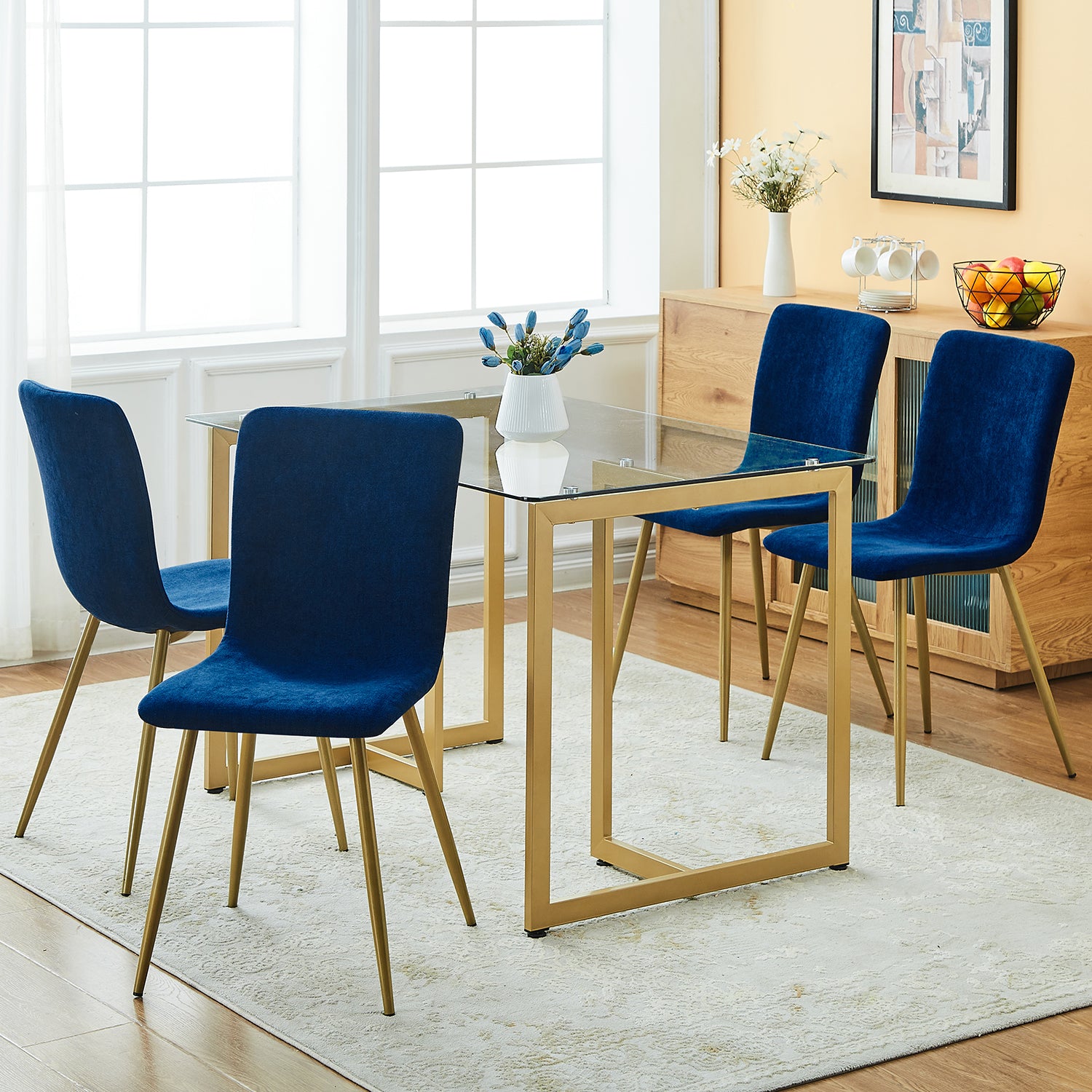 Homy Casa SCARGILL 4PC Dark Blue Dining Chair with Black Gold Legs, Open Box