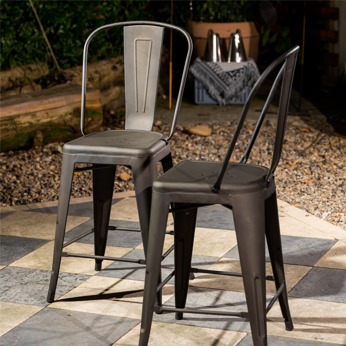 Homy Casa THOCAR 24-Inch Gun Metal Bar Stools, Set of 2 – Industrial Metal Dining Chairs Open Box
