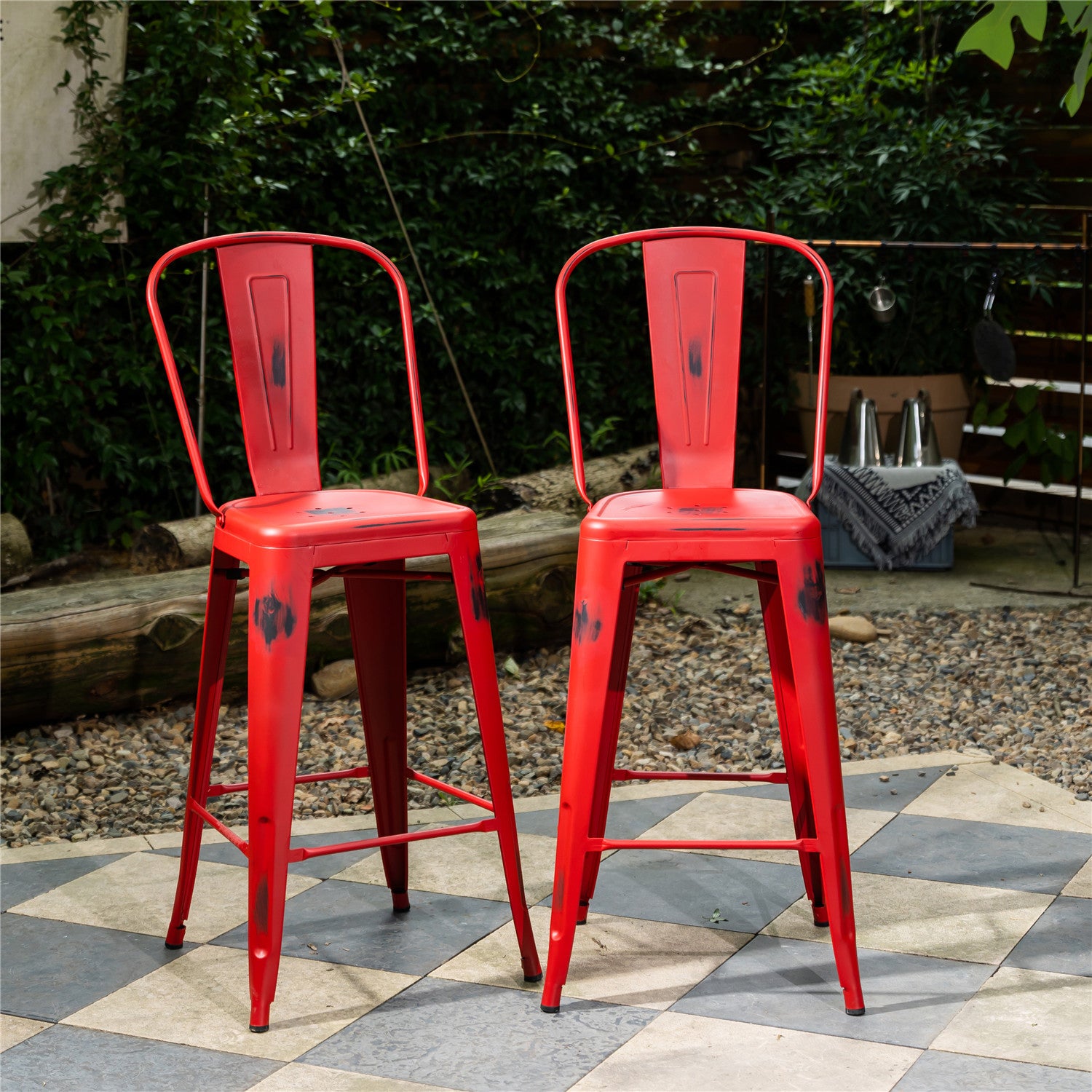 Homy Casa THOCAR 29" Red Metal Bar Stool Set of 2 for Dining and Bar Seating Open Box