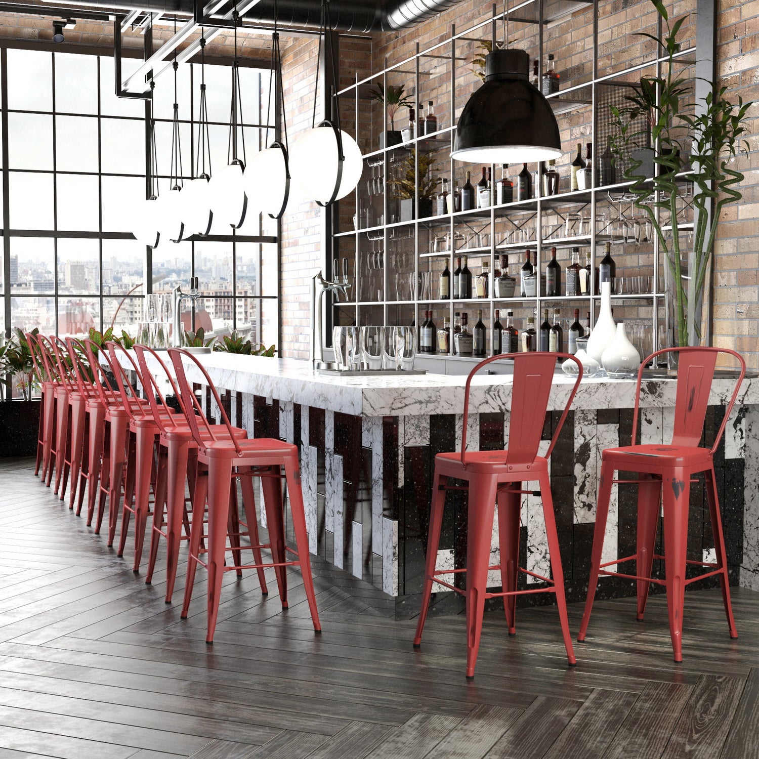 Homy Casa THOCAR 29" Red Metal Bar Stool Set of 2 for Dining and Bar Seating Open Box