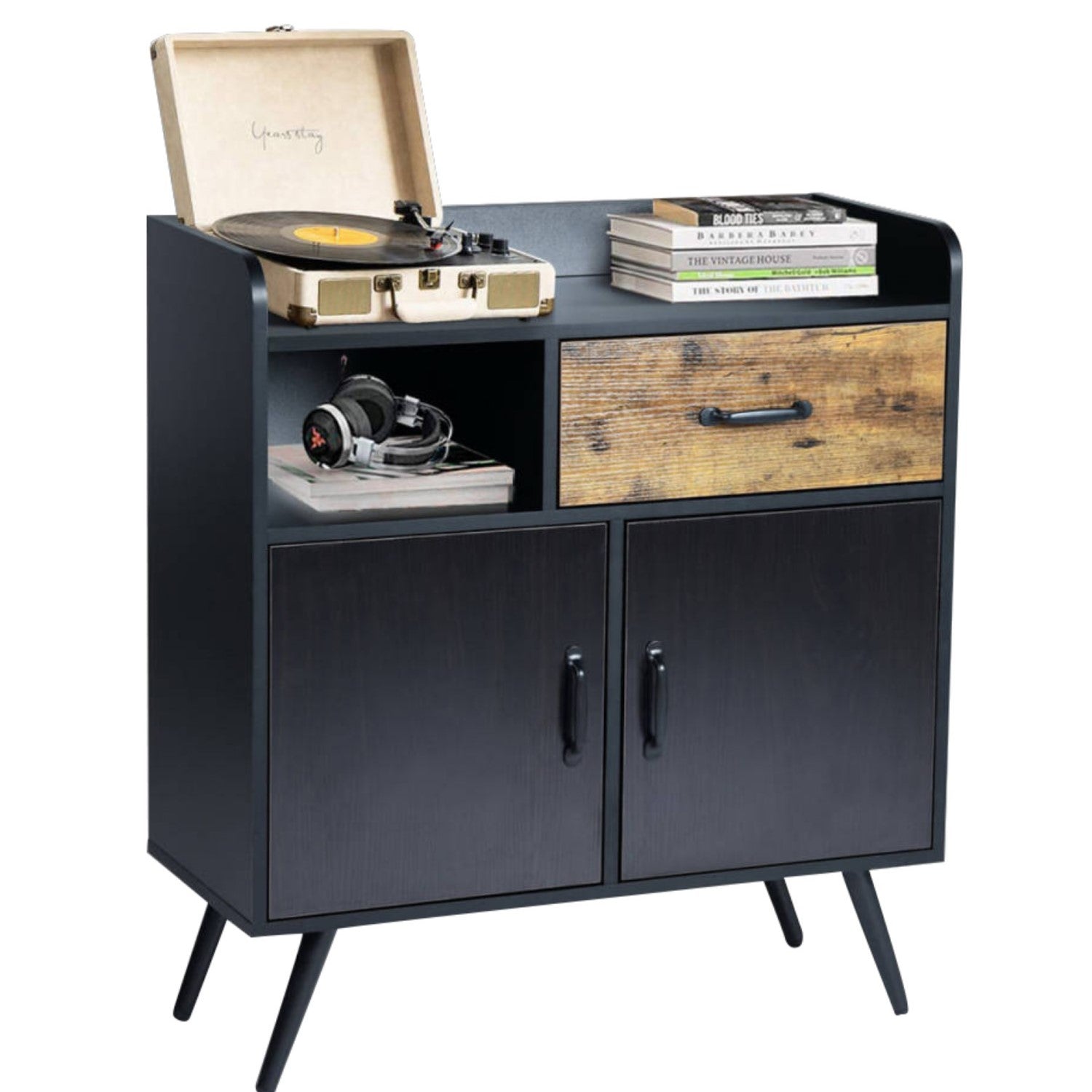 vold buffet - buffet cabinet - black wood with metal legs - modern and functional for dining room or living room