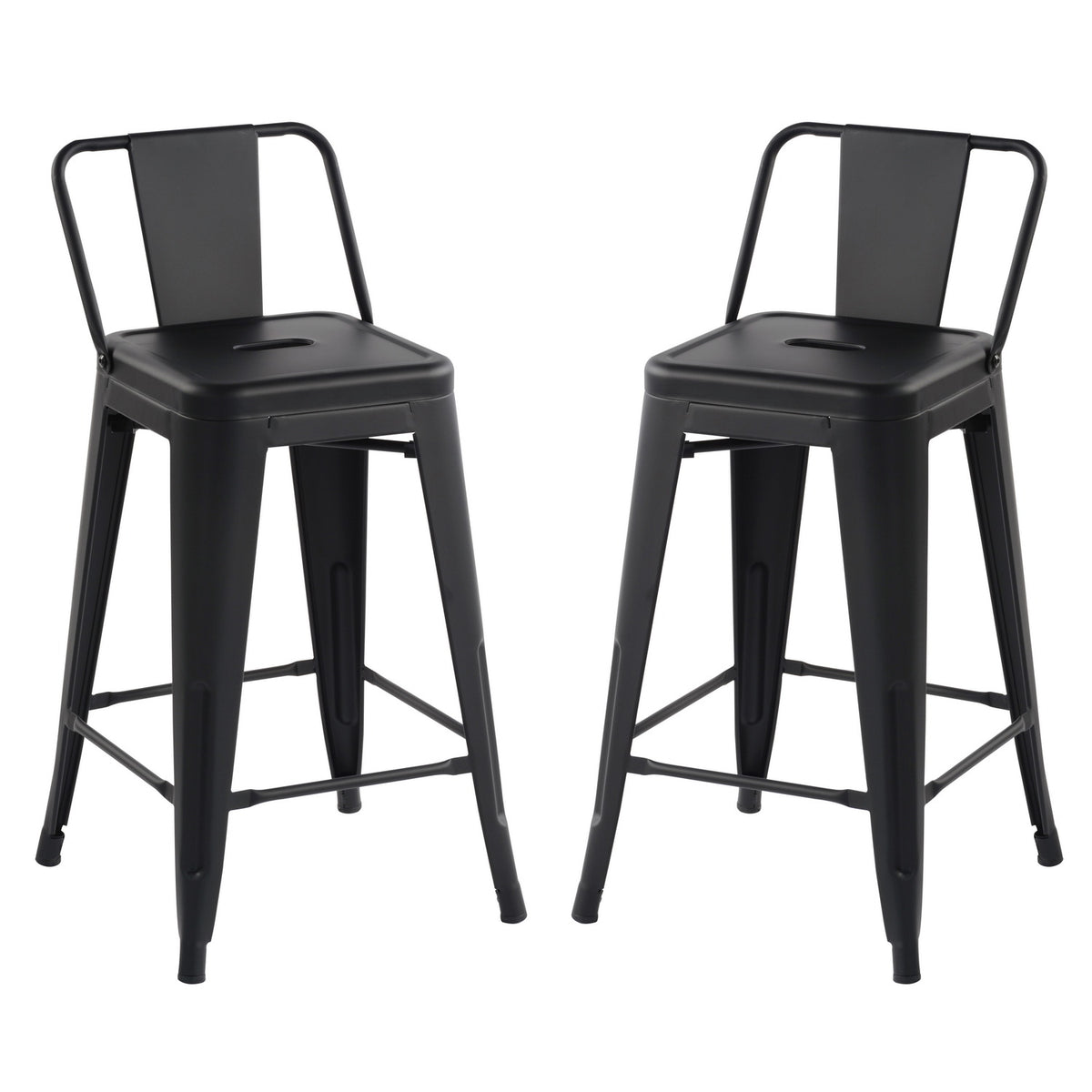 HHomy Casa VUSTU 2PC 24" Counter Height Metal Bar Stool Set with Backrest and Footrest in Black Open Box