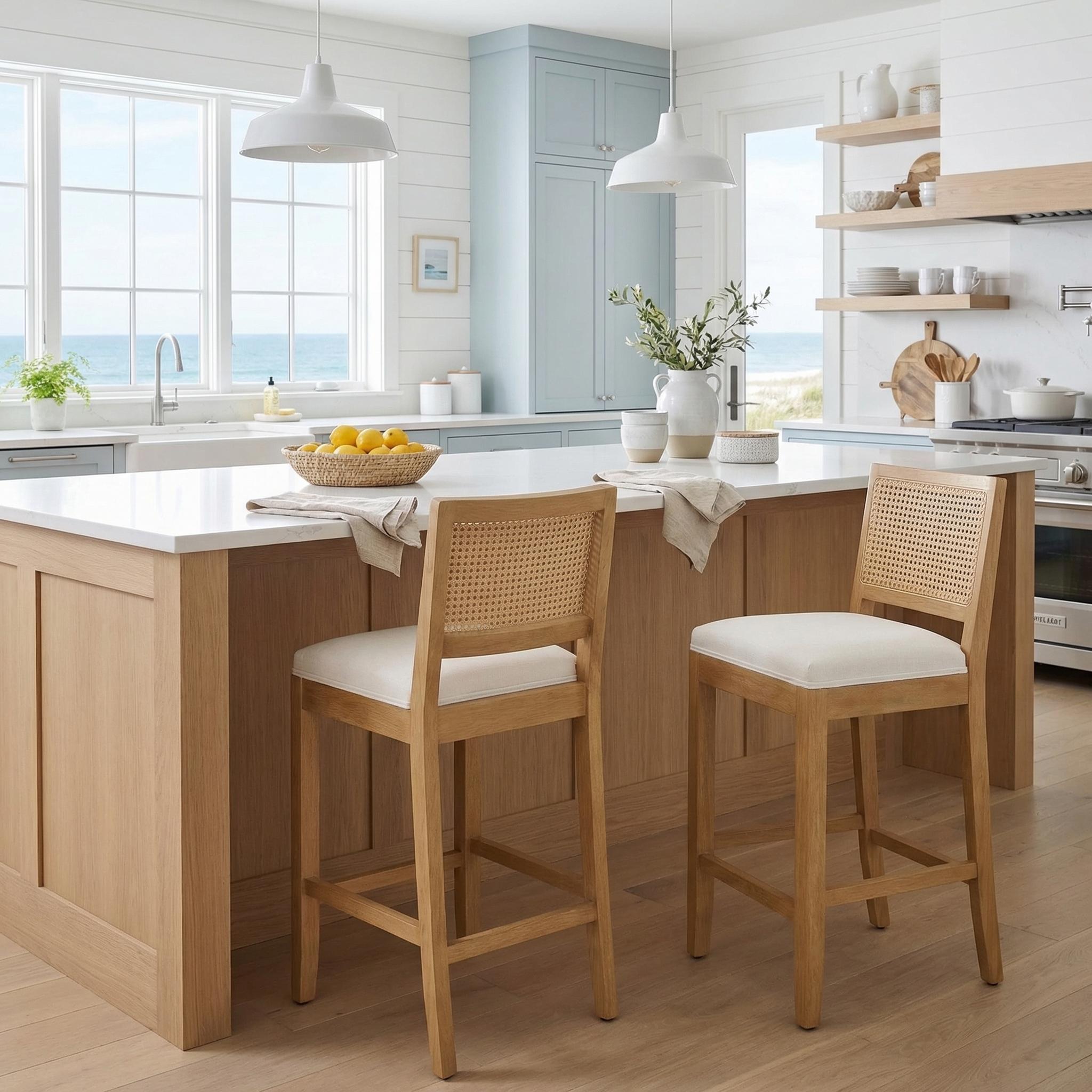 Brunello 28" Solid Wood Rattan Back Upholstered Bar Stools Set of 2