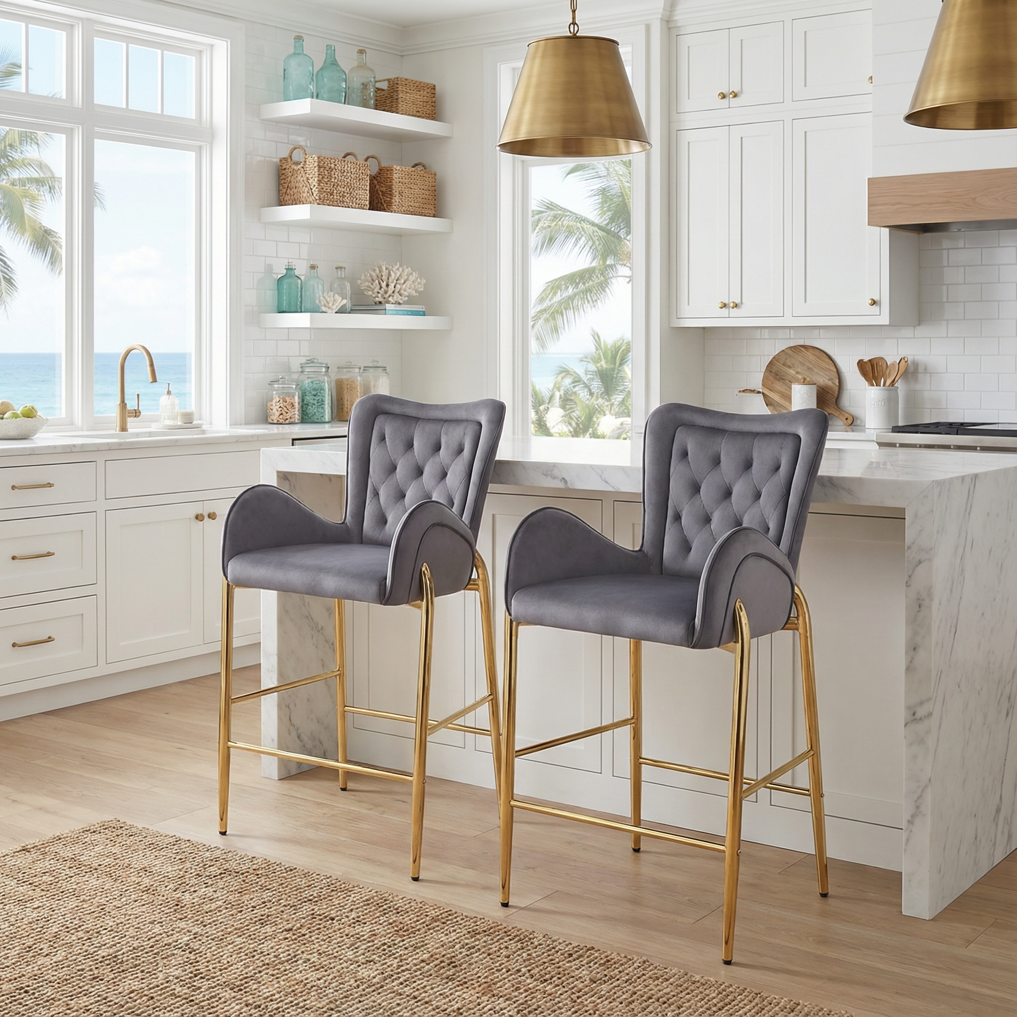 Seren 28.75" Modern Velvet Counter Height Bar Stools Set of 2 with Gold Legs and Footrest