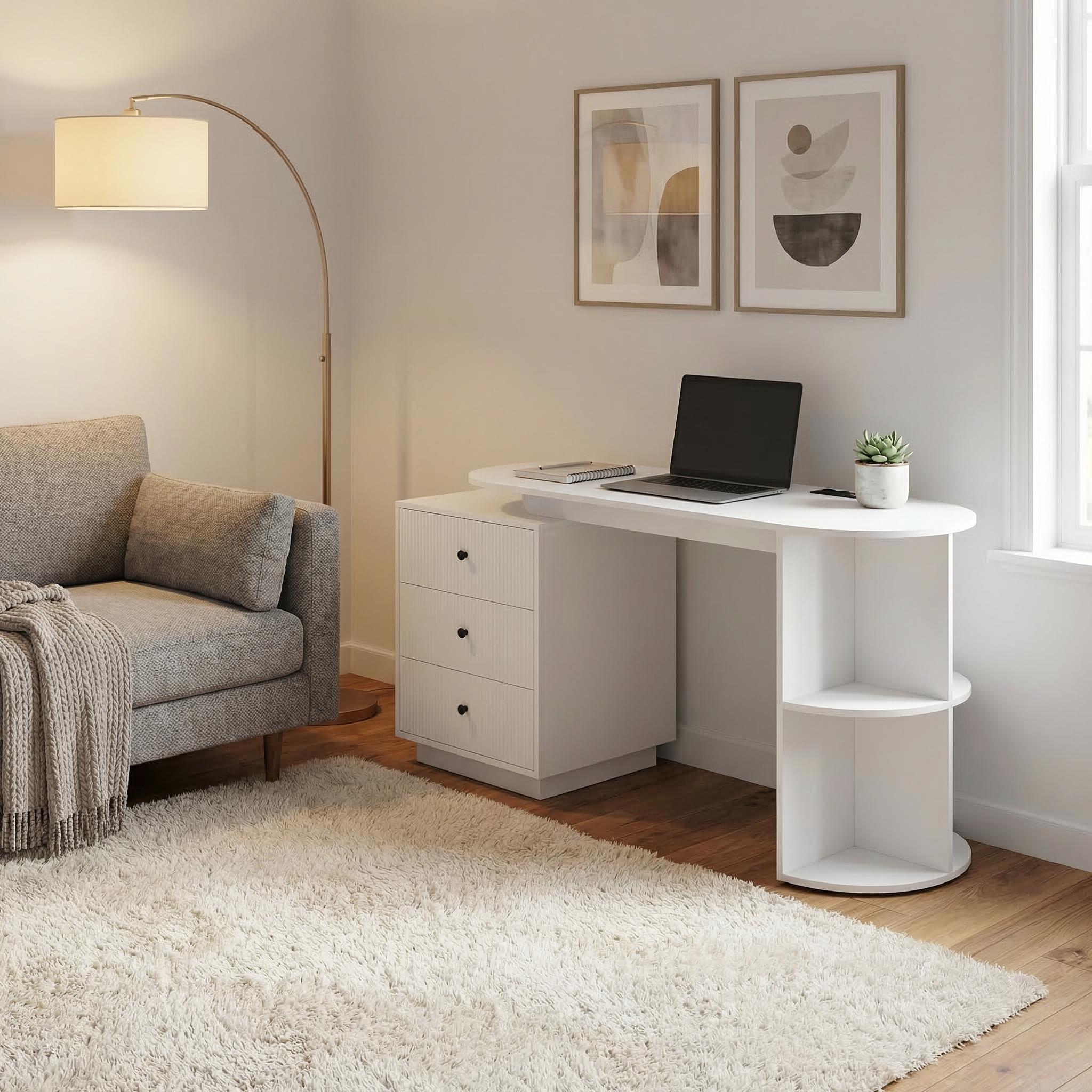 Virex 55" Modern Writing Desk with 3 Drawers and Open Shelves