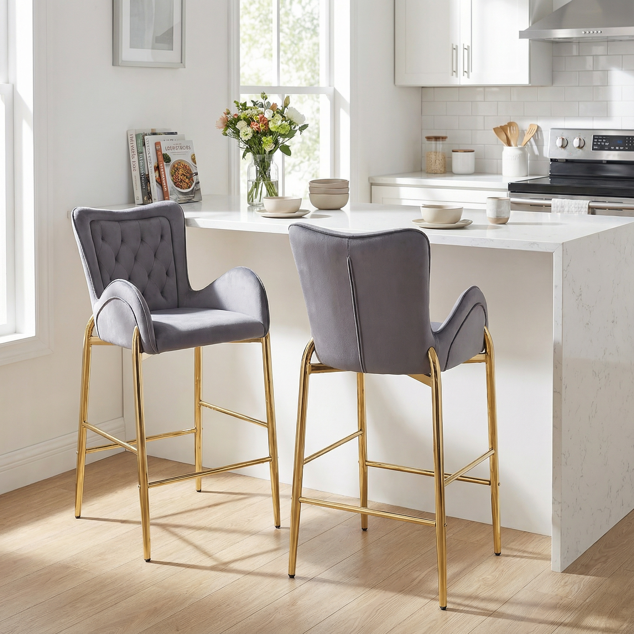 Seren 28.75" Modern Velvet Counter Height Bar Stools Set of 2 with Gold Legs and Footrest