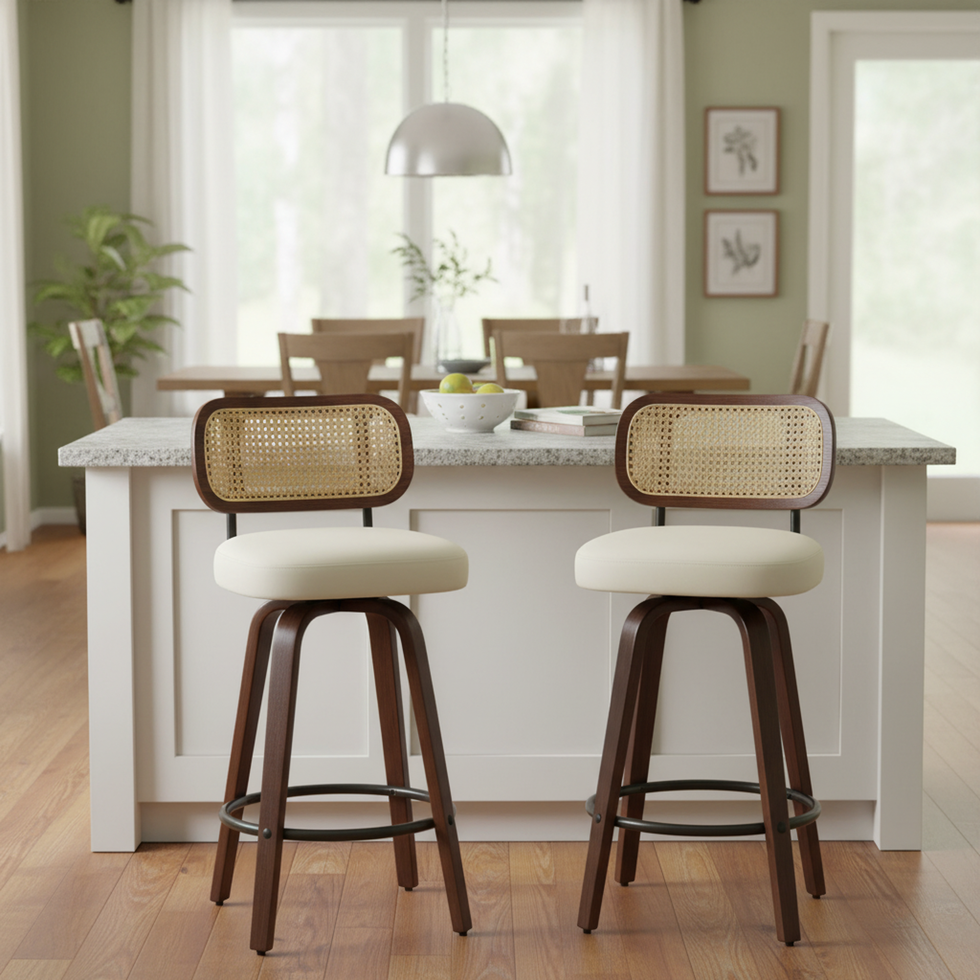 Homy Casa Medoc 26" Rattan Back Swivel Counter Height Upholstered Bar Stool Set of 2