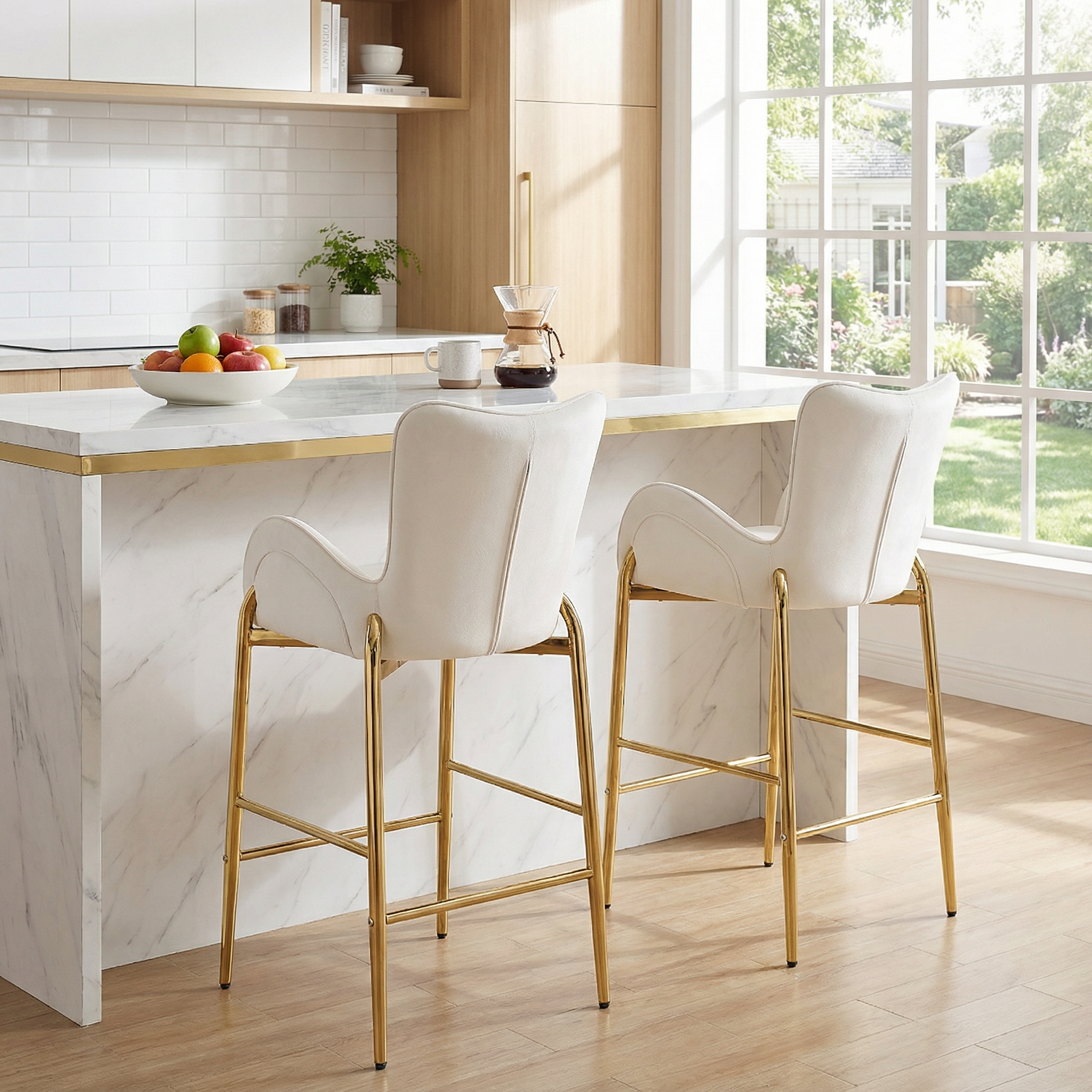 Seren 28.75" Modern Velvet Counter Height Bar Stools Set of 2 with Gold Legs and Footrest