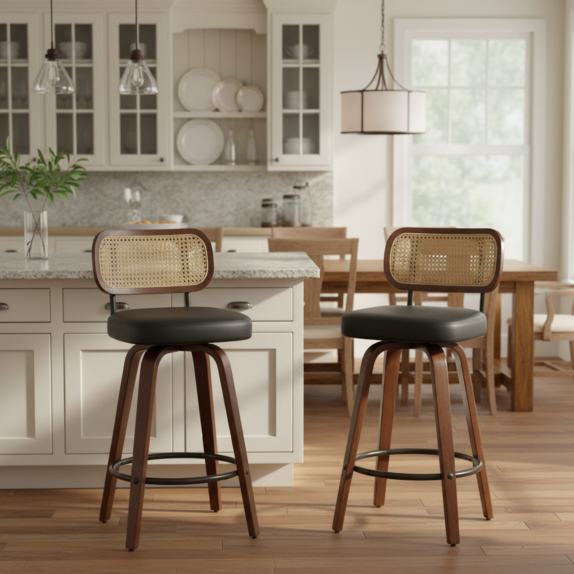 Homy Casa Medoc 26" Rattan Back Swivel Counter Height Upholstered Bar Stool Set of 2