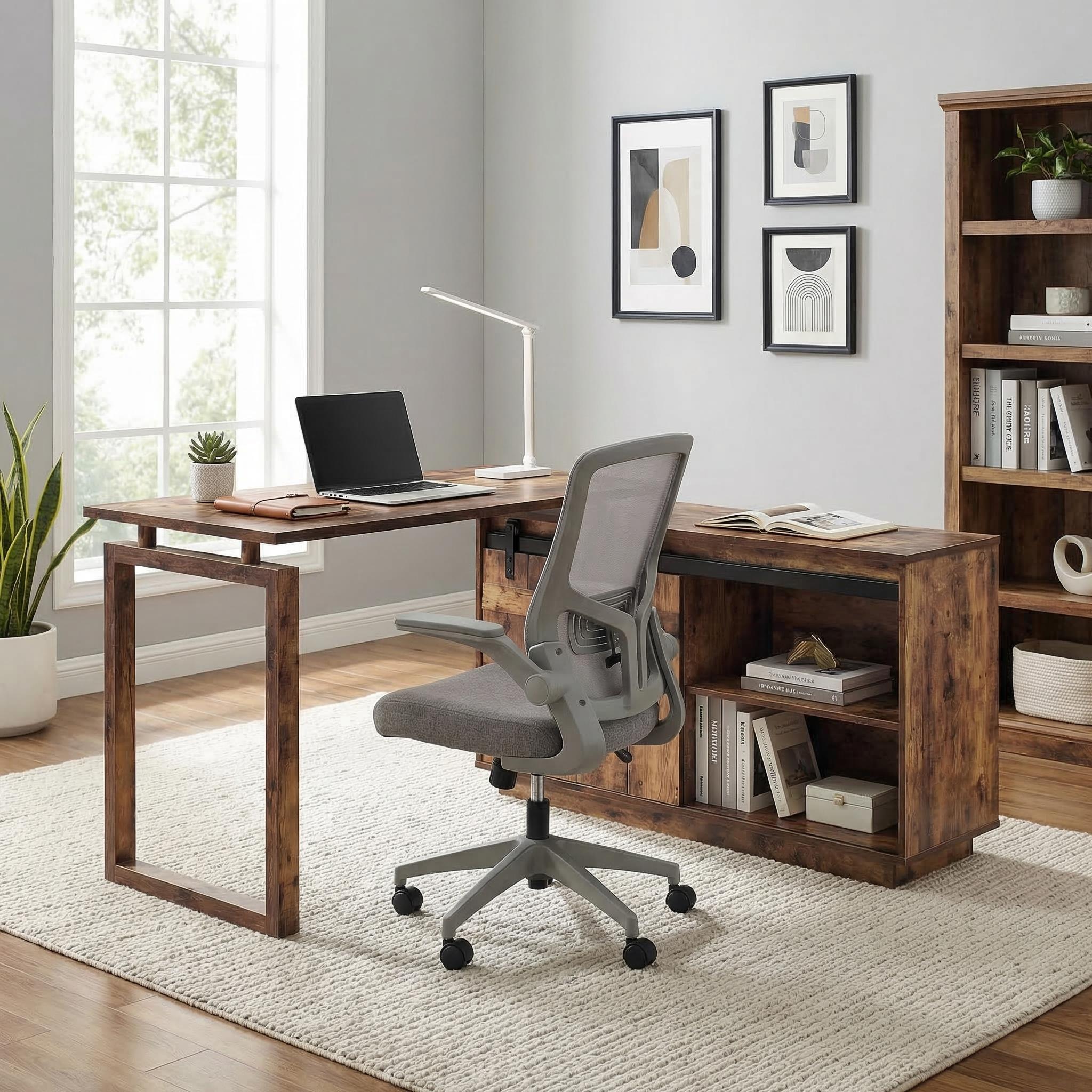 Aera 47" Reversible L-Shaped Desk with Sliding Barn Door Storage Cabinet