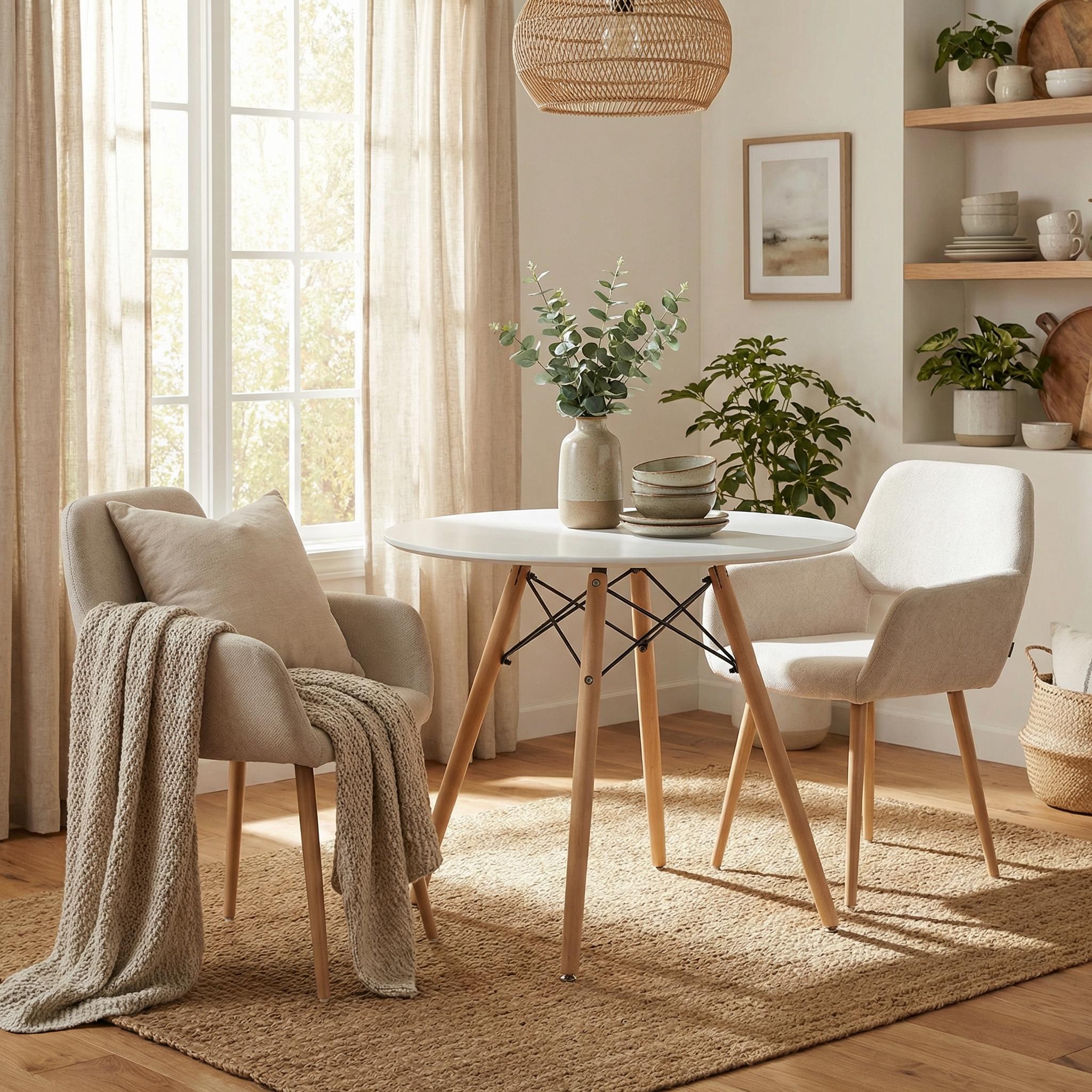 Homy Casa Chad 3PC Dining Set 31.5" Round Matte White Dining Table with 2 Mayfair Fabric Dining Chairs