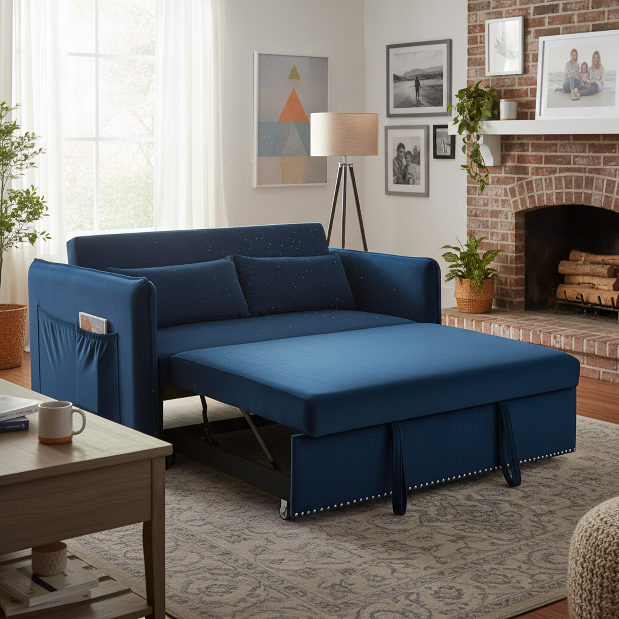 Homy Casa Shreveport 55" Velvet Pull-Out Loveseat Sleeper Sofa Bed with Side Pockets, Blue