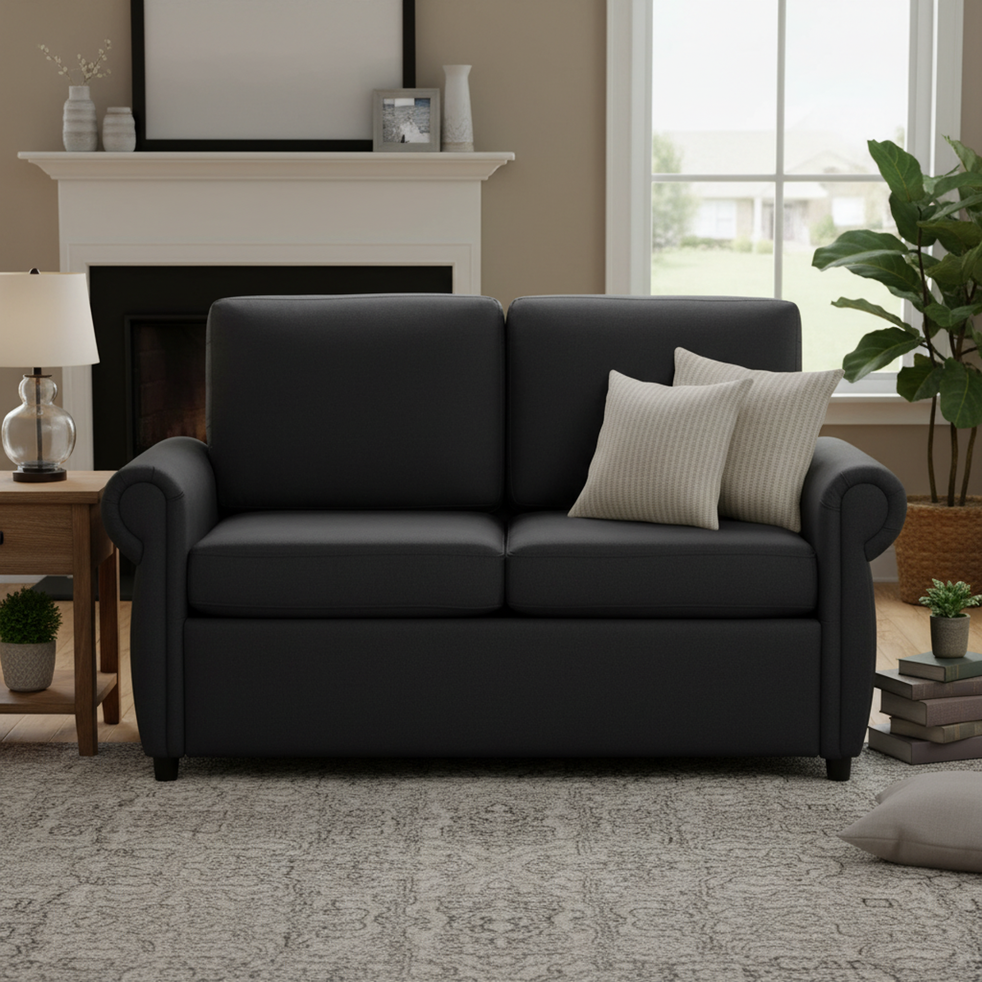 Chula 57.9" Pull-Out Loveseat Sleeper Sofa with Twin Memory Foam Mattress, Black