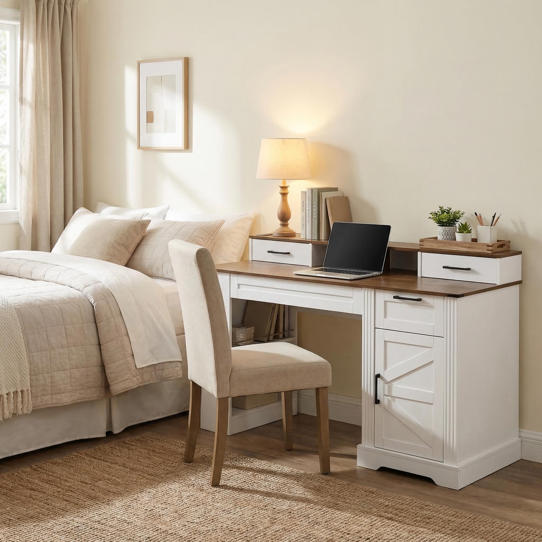 Kova 55" Farmhouse Office Desk with Storage Cabinet, Keyboard Tray and Charging Station